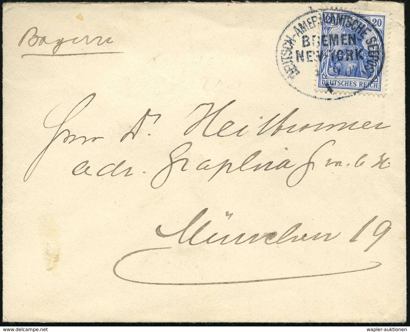 DEUTSCHES REICH 1906 (11.9.) Oval-BPA: DEUTSCH-AMERIKANISCHE-SEEPOST/ BREMEN-/ NEW YORK/X. A. EF 20 Pf. Germania (Mi.87  - Schiffahrt