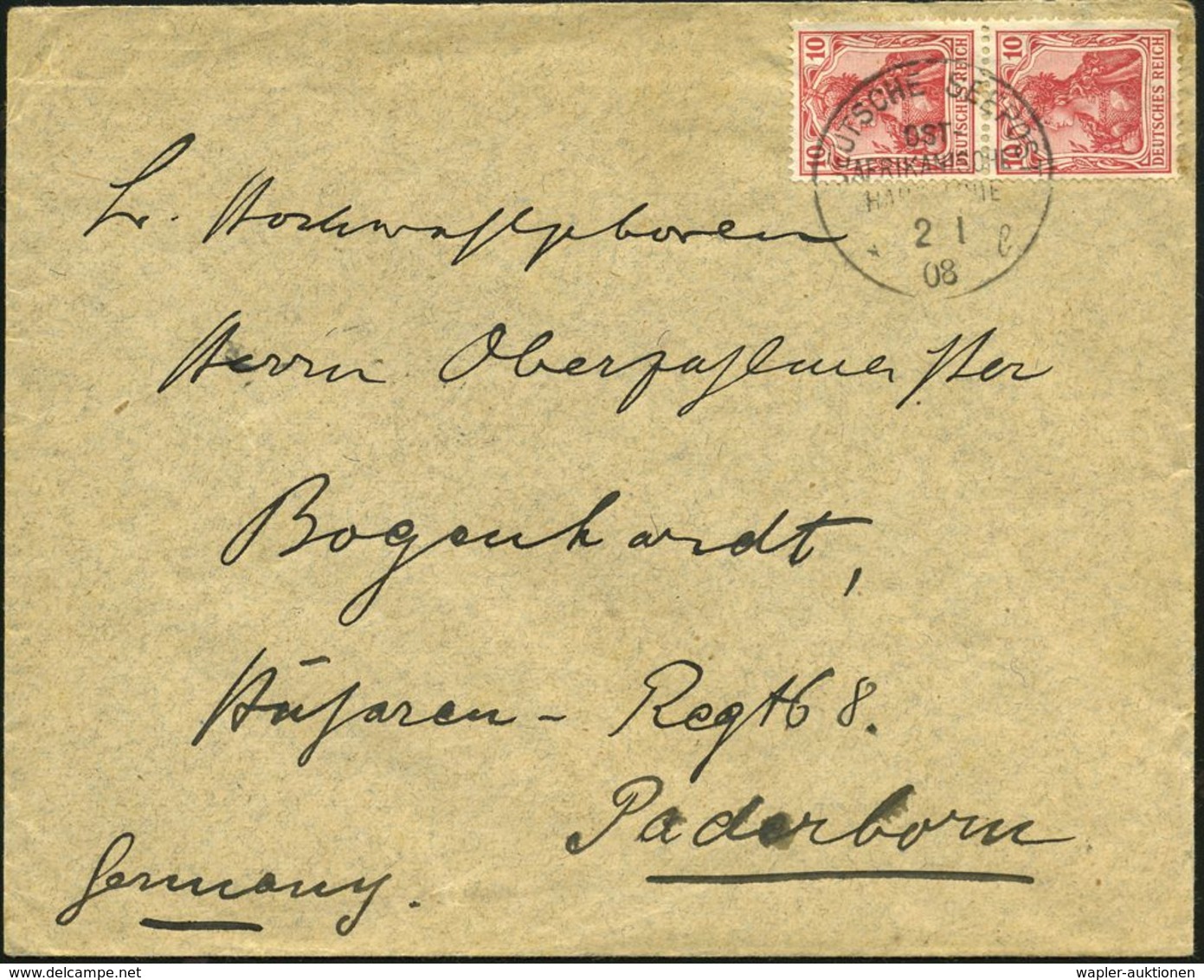 DEUTSCHES REICH 1908 (2.1.) 1K-BPA: DEUTSCHE SEEPOST/OST-/AFRIKANISCHE/HAUPTLINIE/*l Auf Paar 10 Pf. Germania (Mi.86 I,  - Schiffahrt