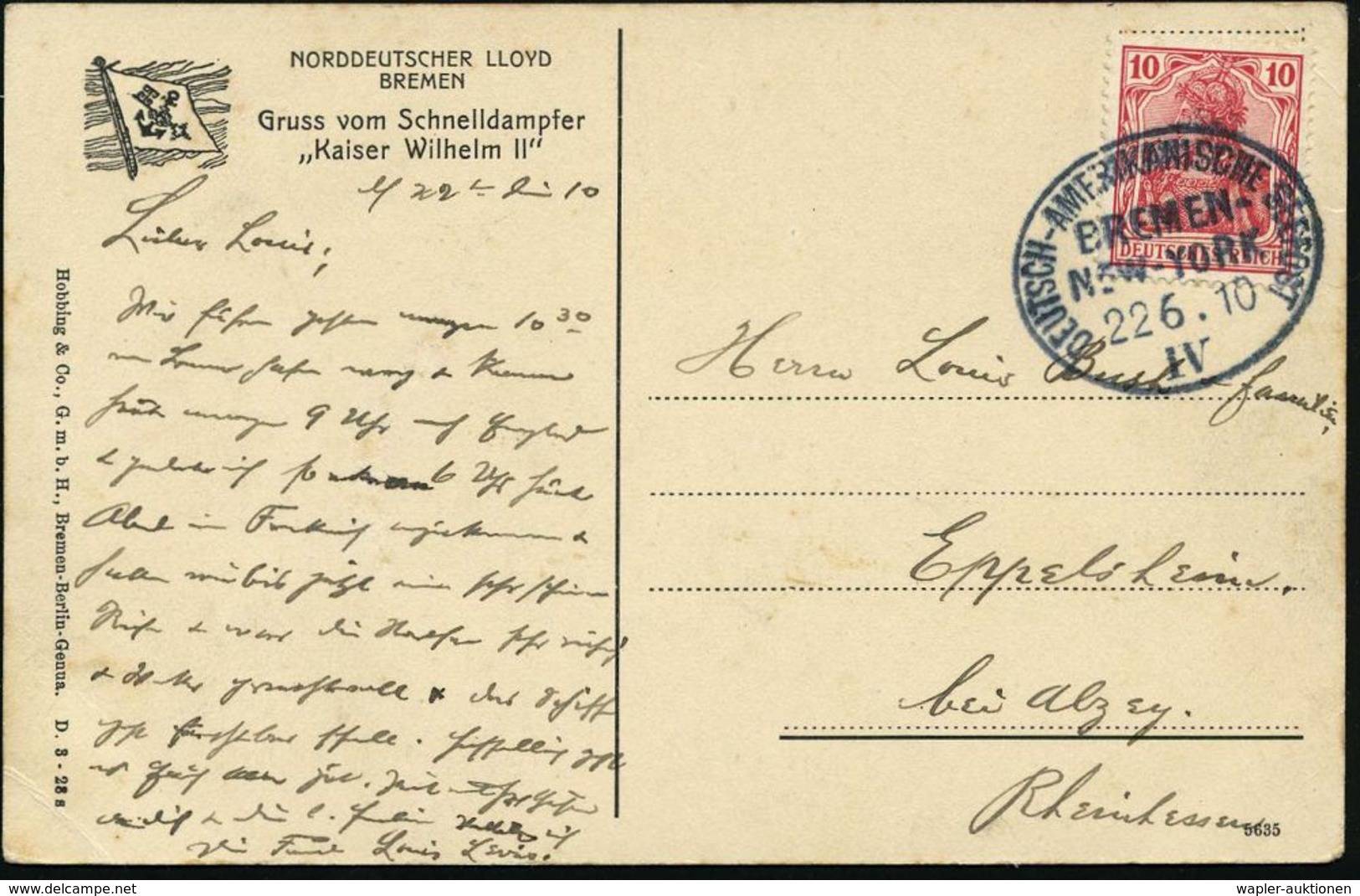 DEUTSCHES REICH 1910 (22.6.) Oval-BPA: DEUTSCH-AMERIKANISCHE SEEPOST/ BREMEN-/ NEW YORK/IV. Auf EF 10 Pf. Germania (Mi.8 - Marittimi