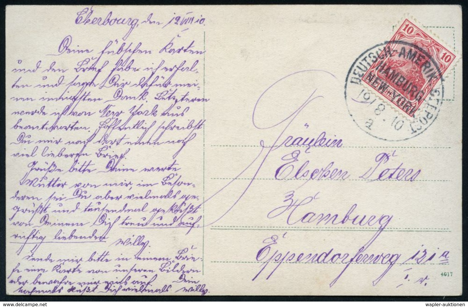 DEUTSCHES REICH 1910 (19.8.) 1K-BPA: DEUTSCH-AMERIKANISCHE-SEEPOST/ HAMBURG-/ NEW YORK/a Auf EF 10 Pf. Germania (Mi.86 I - Schiffahrt