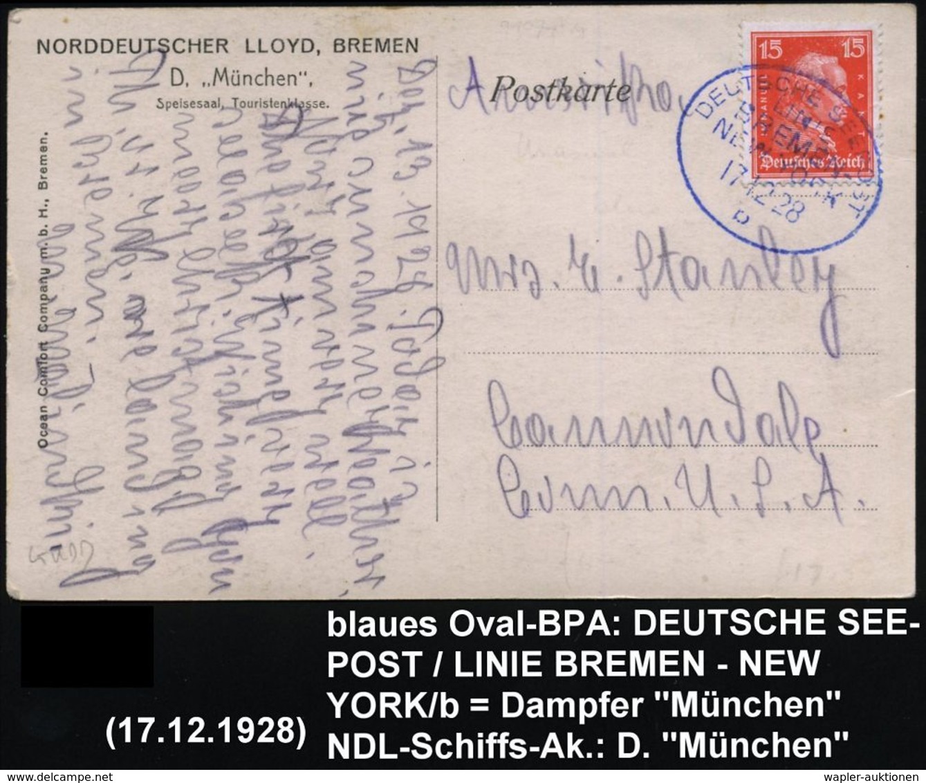 DEUTSCHES REICH 1928 (17.12.) Sehr Seltener  B L A U E R  Oval-BPA: DEUTSCHE SEEPOST/LINIE/BREMEN-/NEW YORK/b Klar Auf E - Maritiem