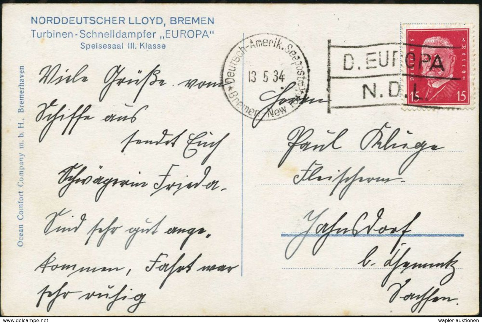 DEUTSCHES REICH 1934 (13.5.) MaFahnenSt: Deutsch-Amerik.Seepost/*Bremen-New York*/D.EUROPA/N.D.L. Klar Auf EF 15 Pf. Hin - Marittimi