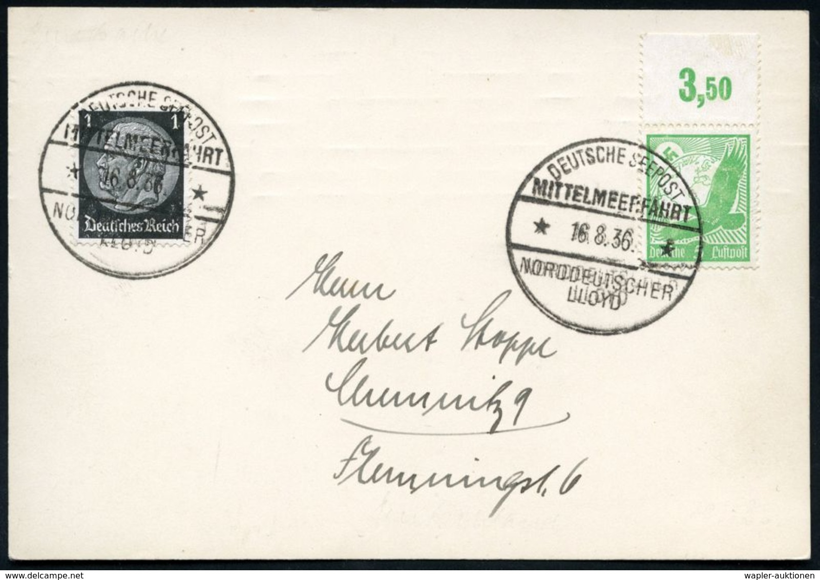 DEUTSCHES REICH 1936 (16.8.) 1K-BPA: DEUTSCHE SEEPOST/ MITTELMEERFAHRT/* */NORDDEUTSCHER/LLOYD 2x Auf Ausl.-Drs. N. Chem - Marittimi