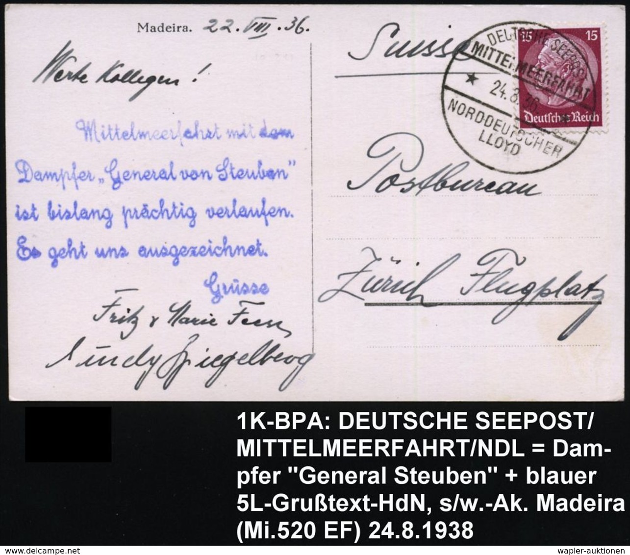 DEUTSCHES REICH 1936 (24.8.) 1K-BPA: DEUTSCHE SEEPOST/MITTELMEERFAHRT/**/ND/L Klar Auf EF 15 Pf. Hindenbg. (Mi.520 EF) S - Schiffahrt