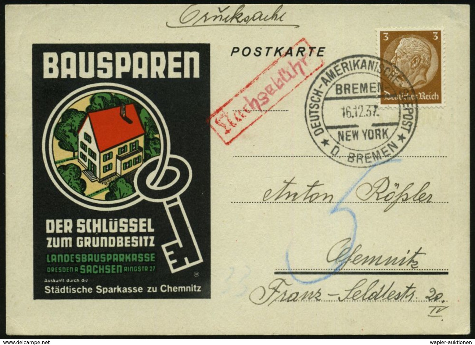 DEUTSCHES REICH 1937 (16.12.) 2K-BPA: DEUTSCH-AMERIKANISCHE-SEEPOST/BREMEN/NEW YORK/* D. BREMEN * Auf EF 3 Pf. Hindenbg. - Schiffahrt