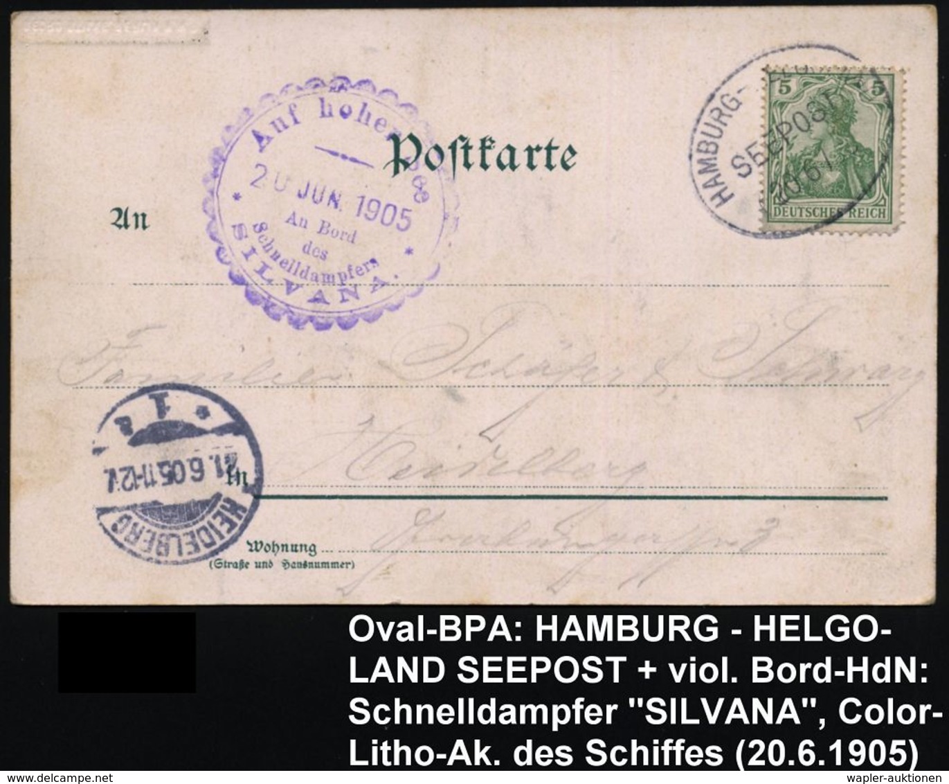 HAMBURG-HELGOLAND/ SEEPOST 1905 (20.6.) Oval-BPA Ohne Stern + Viol. Zier-HdN: Auf Hoher See/An Bord/des/ Schnelldampfers - Maritiem