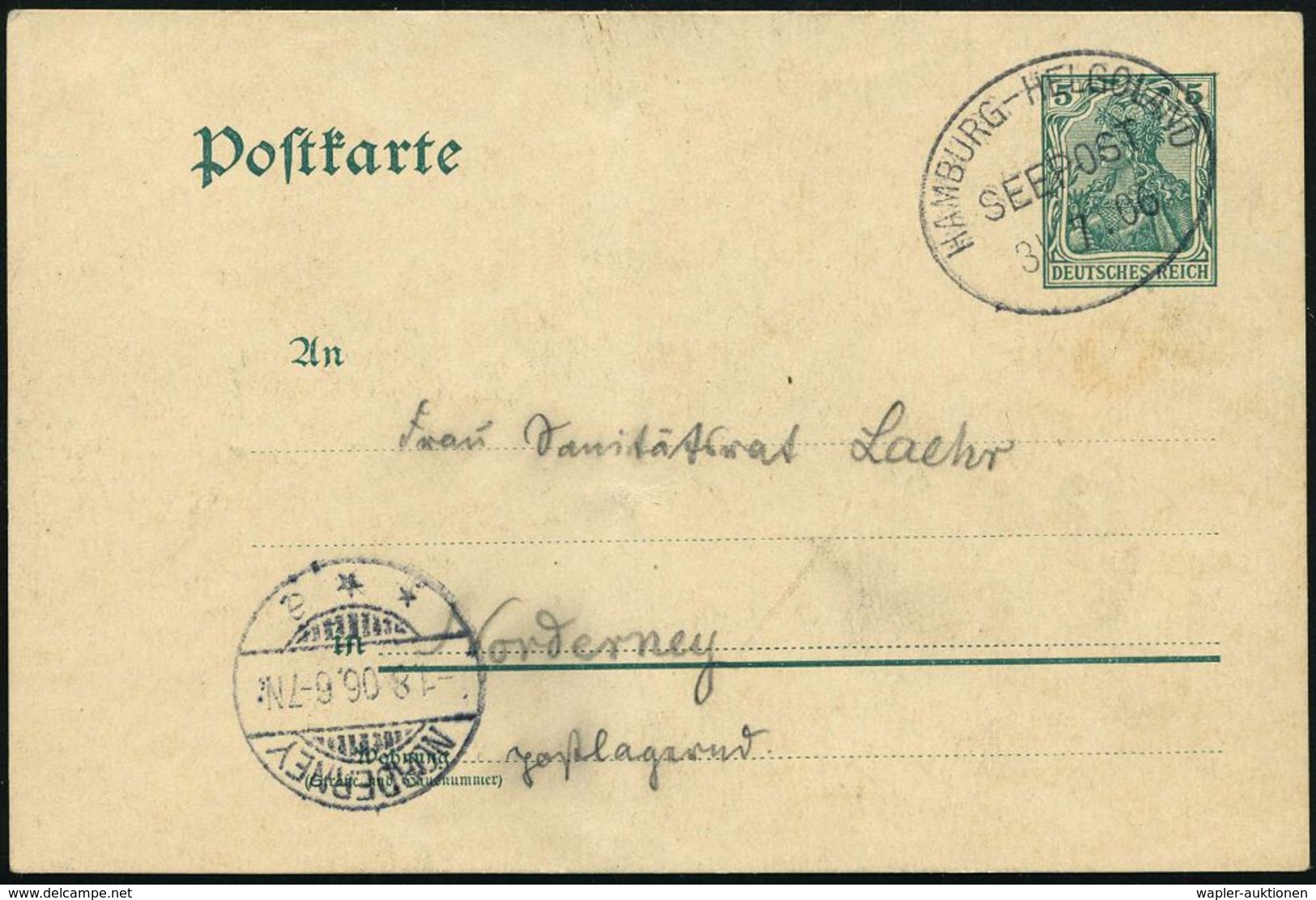 HAMBURG-HELGOLAND/ SEEPOST 1906 (31.7.) Oval-BPA Klar Auf Inl.-P 5 Pf. Germania N. Norderney (AS) Bedarf Mit Entspr. Tex - Marittimi