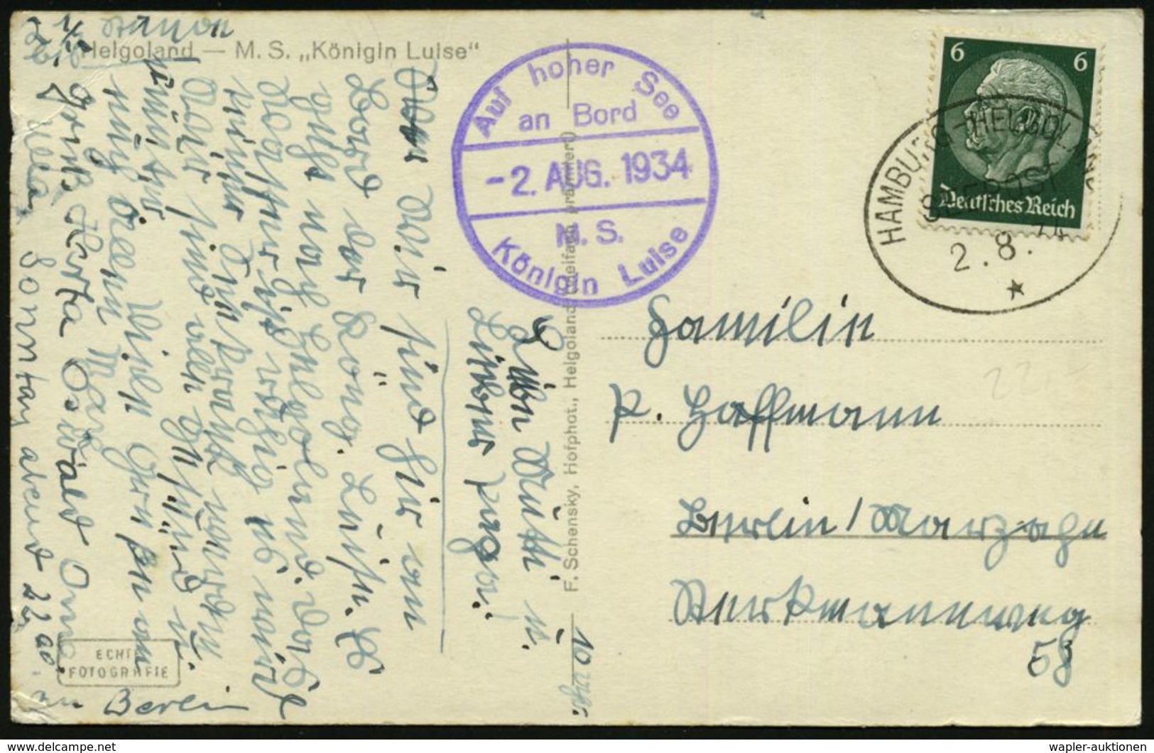 HAMBURG-HELGOLAND/ SEEPOST/ * 1934 (2.8.) Oval-BPA  M I T  Stern + Viol. HdN: ..M.S./Königin Luise Auf S/w.-Ak.: M.S. "K - Marittimi