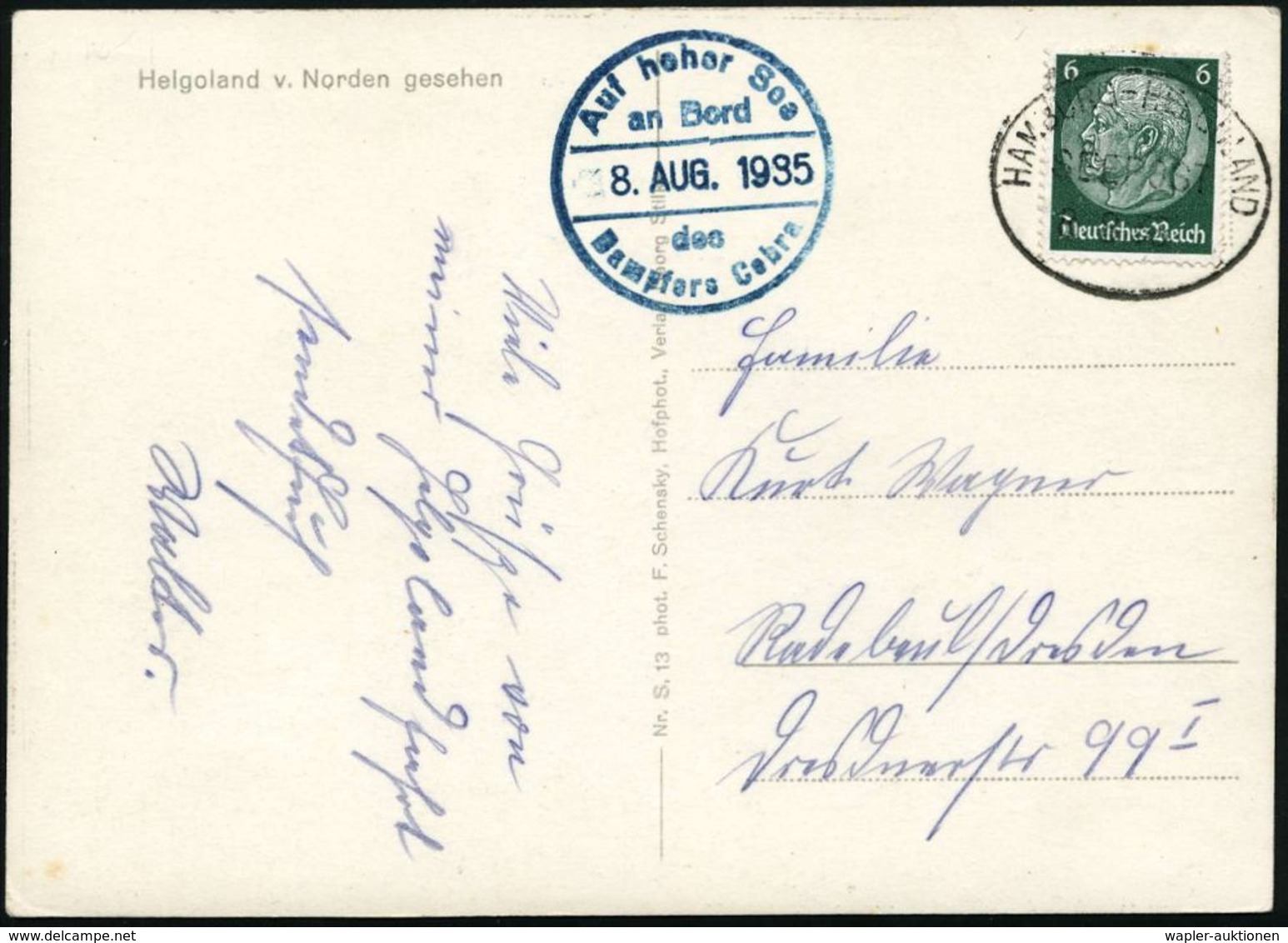 HAMBURG-HELGOLAND/ SEEPOST 1935 (8.8.) Oval-BPA Ohne Stern + Blauer 1K-HdN: Auf Hoher See/ An Bord/des/ Dampfers Cobra , - Marittimi