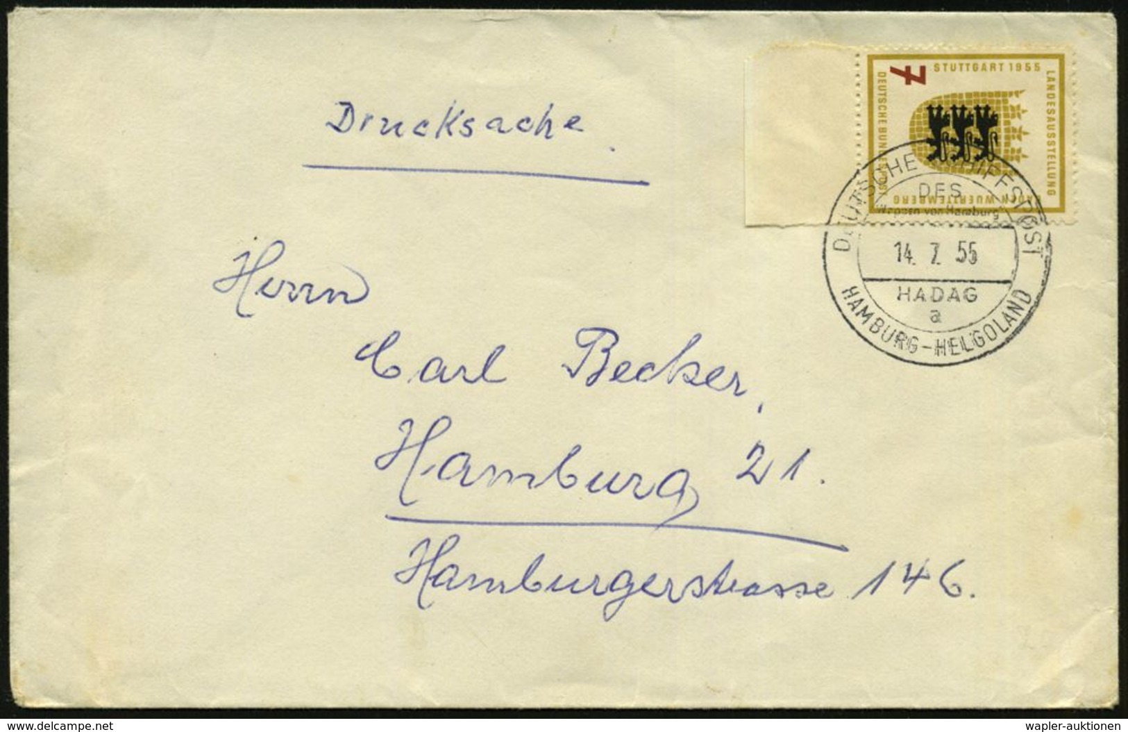 B.R.D. 1955 (14.7.) 2K-BPA: DEUTSCHE SCHIFFSPOST/DES/ Wappen Von Hamburg/a/HAMBURG - HELGOLAND = MS. "Wappen Von Hamburg - Maritiem