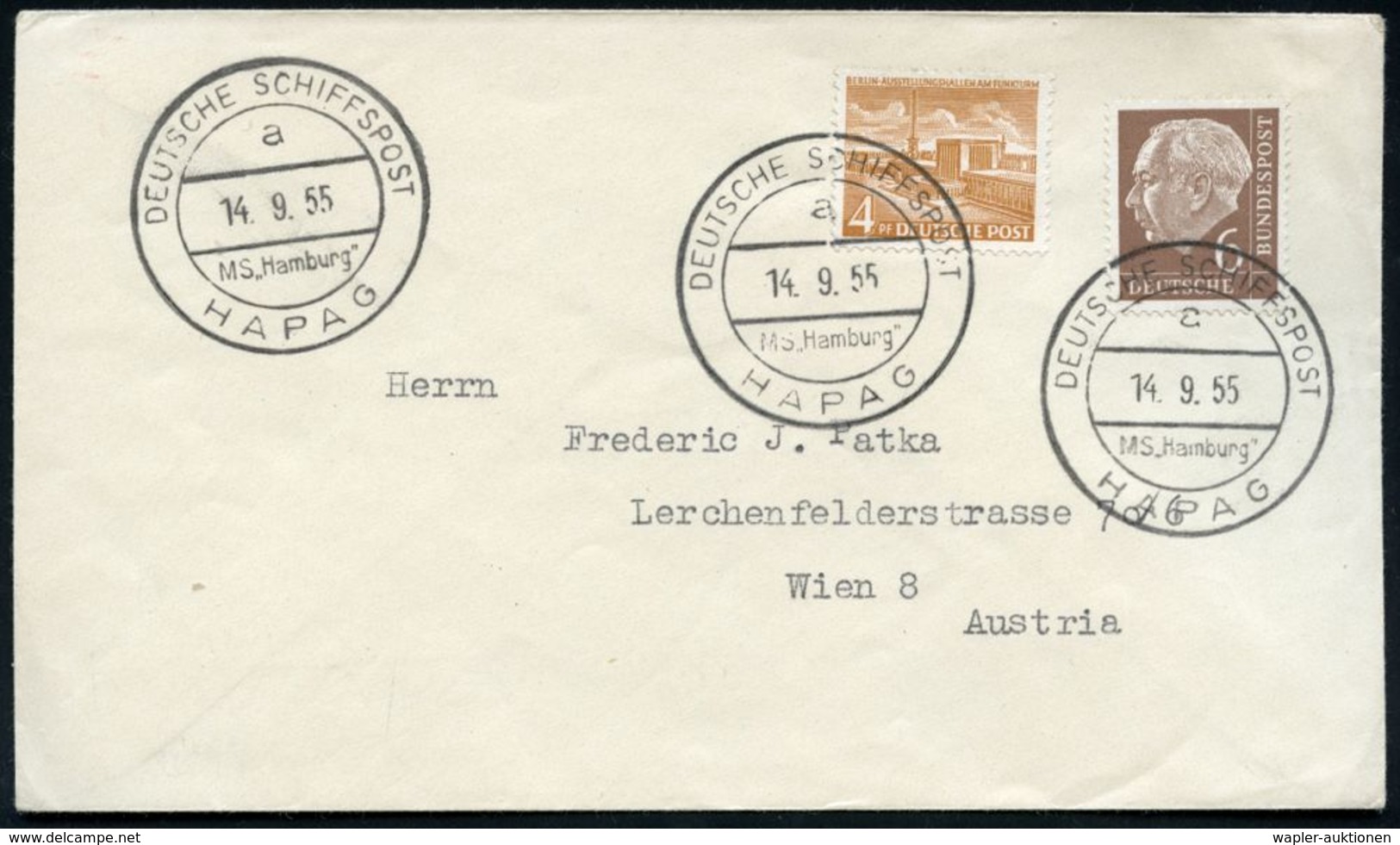 B.R.D. 1955 (14.9.) 2K-BPA: DEUTSCHE SCHIFFSPOST/a/ M S "Hamburg"/ HAPAG 3x Klar Auf Ausl.-Drs. N.Wien (Nr. I-18) - AMTL - Marittimi