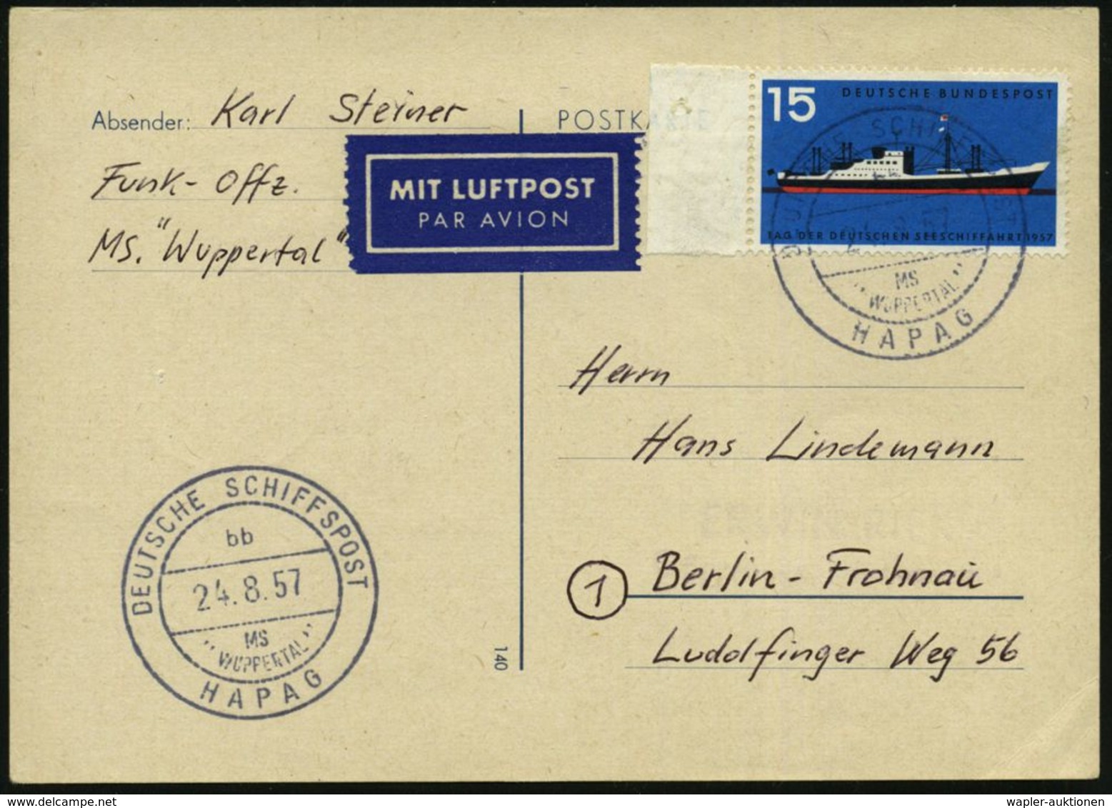 B.R.D. 1957 (24.8.) 2K-BPA: DEUTSCHE SCHIFFSPOST/bb/ MS/ "WUPPERTAL"/ HAPAG (Nr.i-48) Passende EF 15 Pf. "Tag Der Deutsc - Marittimi