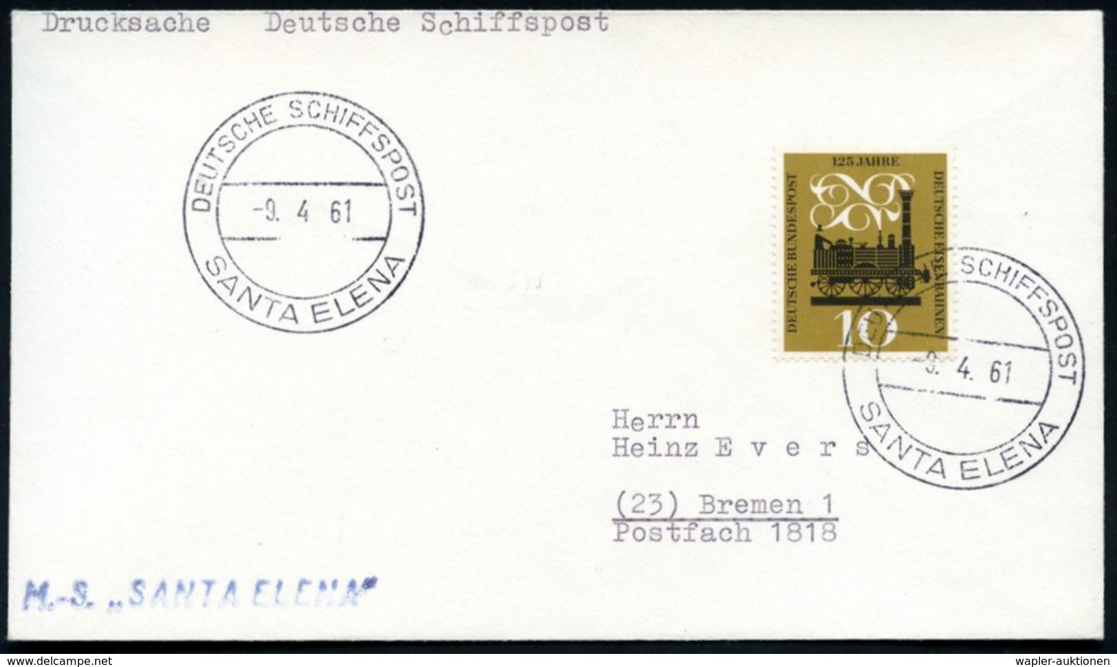 B.R.D. 1961 (9.4.) 2K-BPA: DEUTSCHE SCHIFFSPOST/ SANTA ELENA (gr.Type) + Viol. Abs.-1L: M.-S. "SANTA ELENA", Seltener In - Maritiem