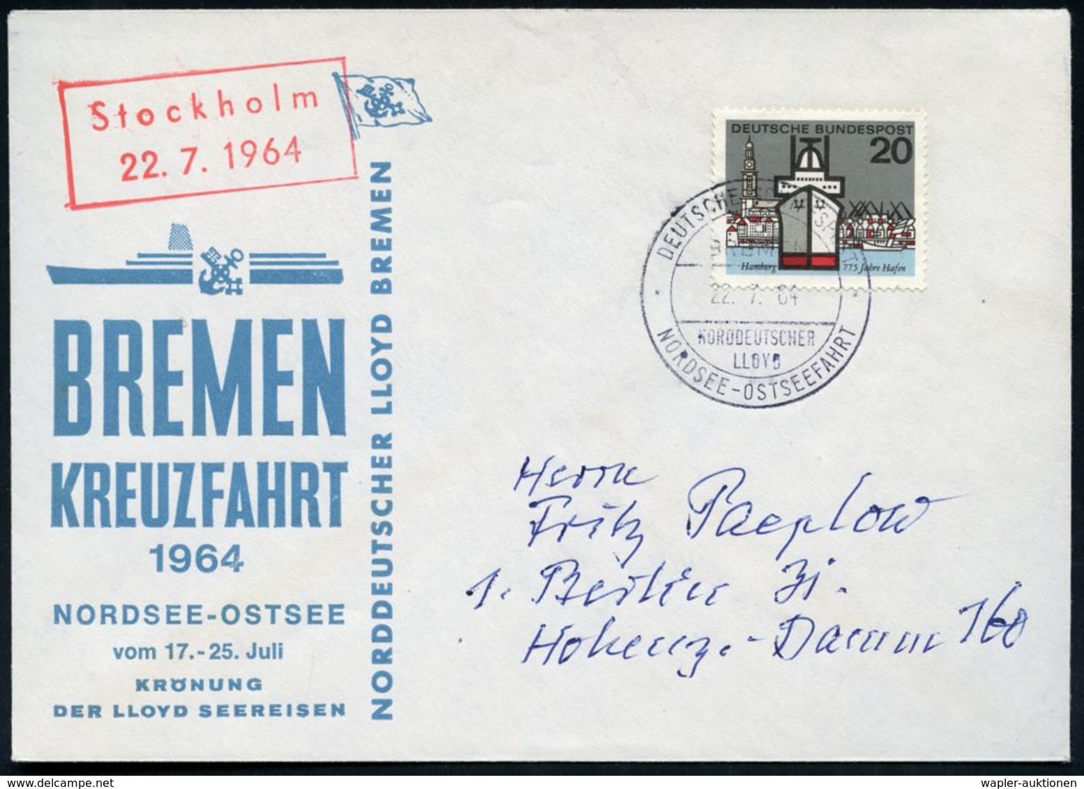 B.R.D. 1964 (22.7.) 2K-BPA.: DEUTSCHE SCHIFFSPOST/ TS/BREMEN/NDL/ NORDSEE-OSTSEEFAHRT + Roter Ra.2: Stockholm.. , Dekora - Schiffahrt