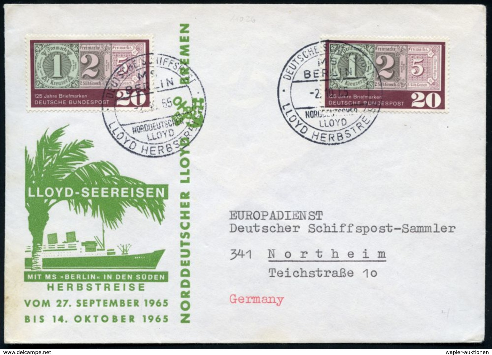 B.R.D. 1965 (2.10.) 2K-BPA.: DEUTSCHE SCHIFFSPOST/MS/BERLIN/ NORDDEUTSCHER/ LLOYD/LLOYD HERBSTREISE 2x Klar Auf 2x 20 Pf - Maritiem