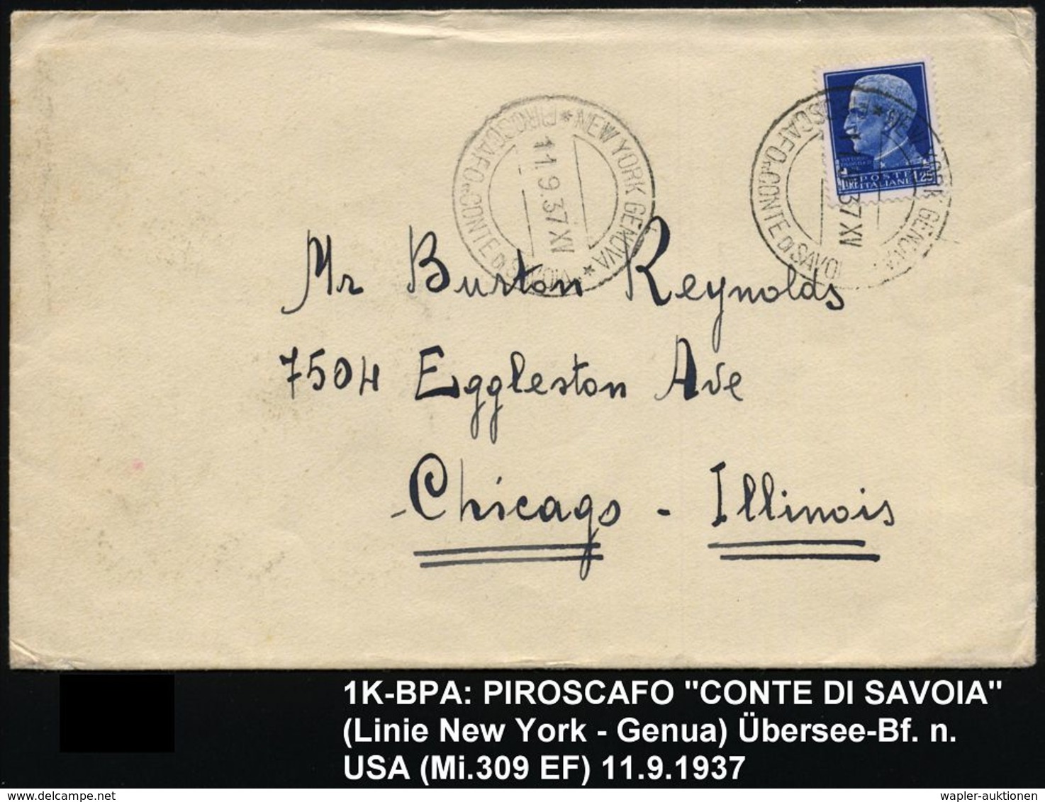 ITALIEN 1937 (11.9.) 2K-BPA: PIROSCAFO "CONTE DI SAVOIA"/* NEW YORK GENOVA * , EF 1,25 L. , Klar Gest. Übersee-Bf. N. US - Schiffahrt