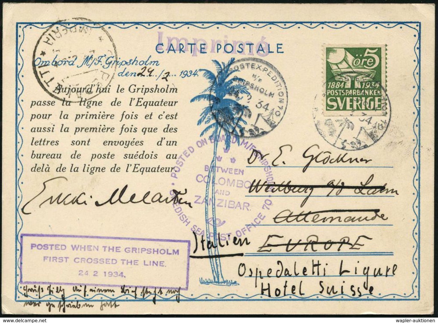 SCHWEDEN 1934 (24.2.) 1K-BPA: SJÖPOSTEXPEDITION 70/M-F/GRIPSHOLM (Palme, Schiff) + Viol. Ra.3: POSTED WHEN THE GRIPSHOLM - Schiffahrt