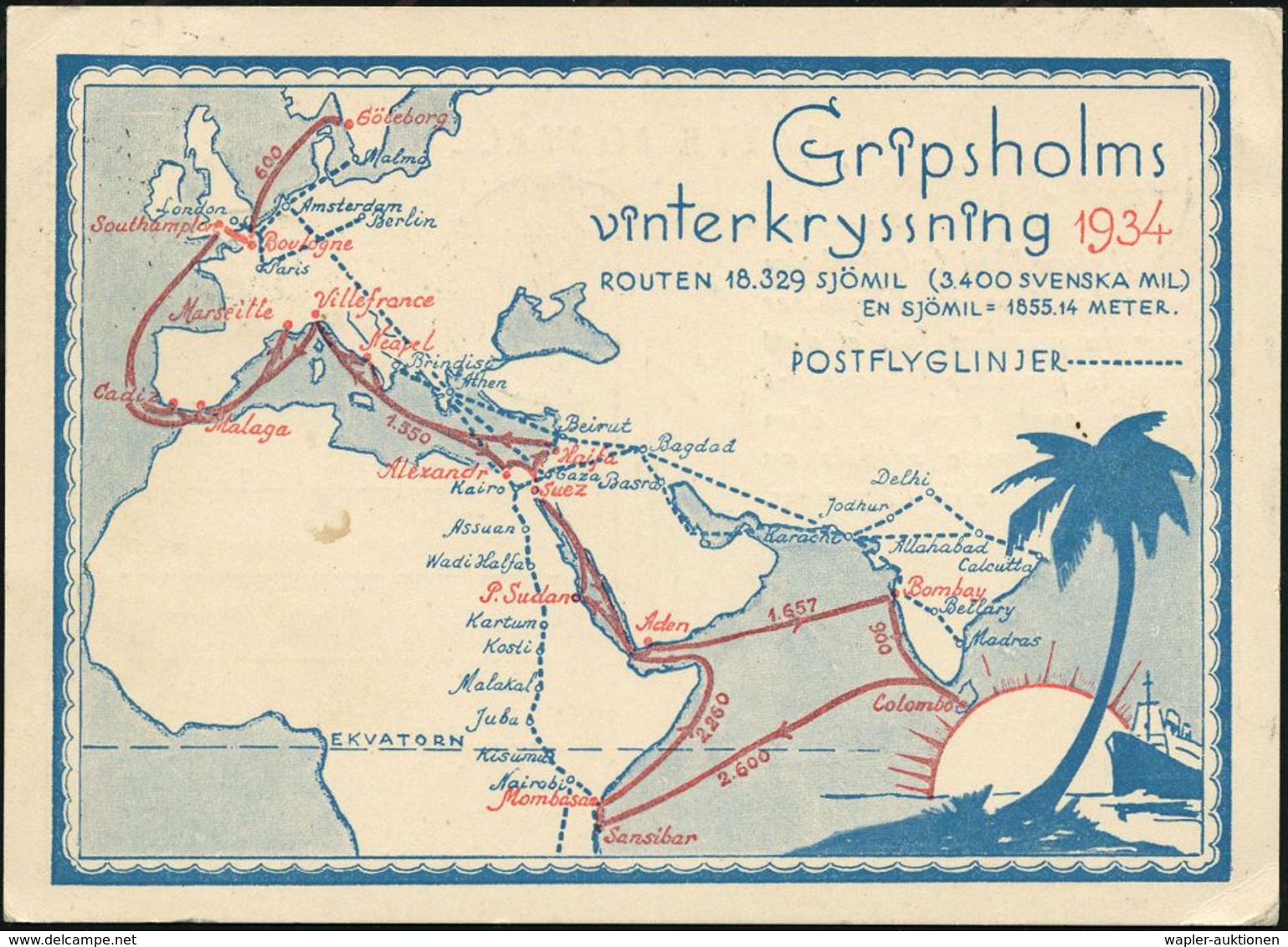 SCHWEDEN 1934 (24.2.) 1K-BPA: SJÖPOSTEXPEDITION 70/M-F/GRIPSHOLM (Palme, Schiff) + Viol. Ra.3: POSTED WHEN THE GRIPSHOLM - Maritiem