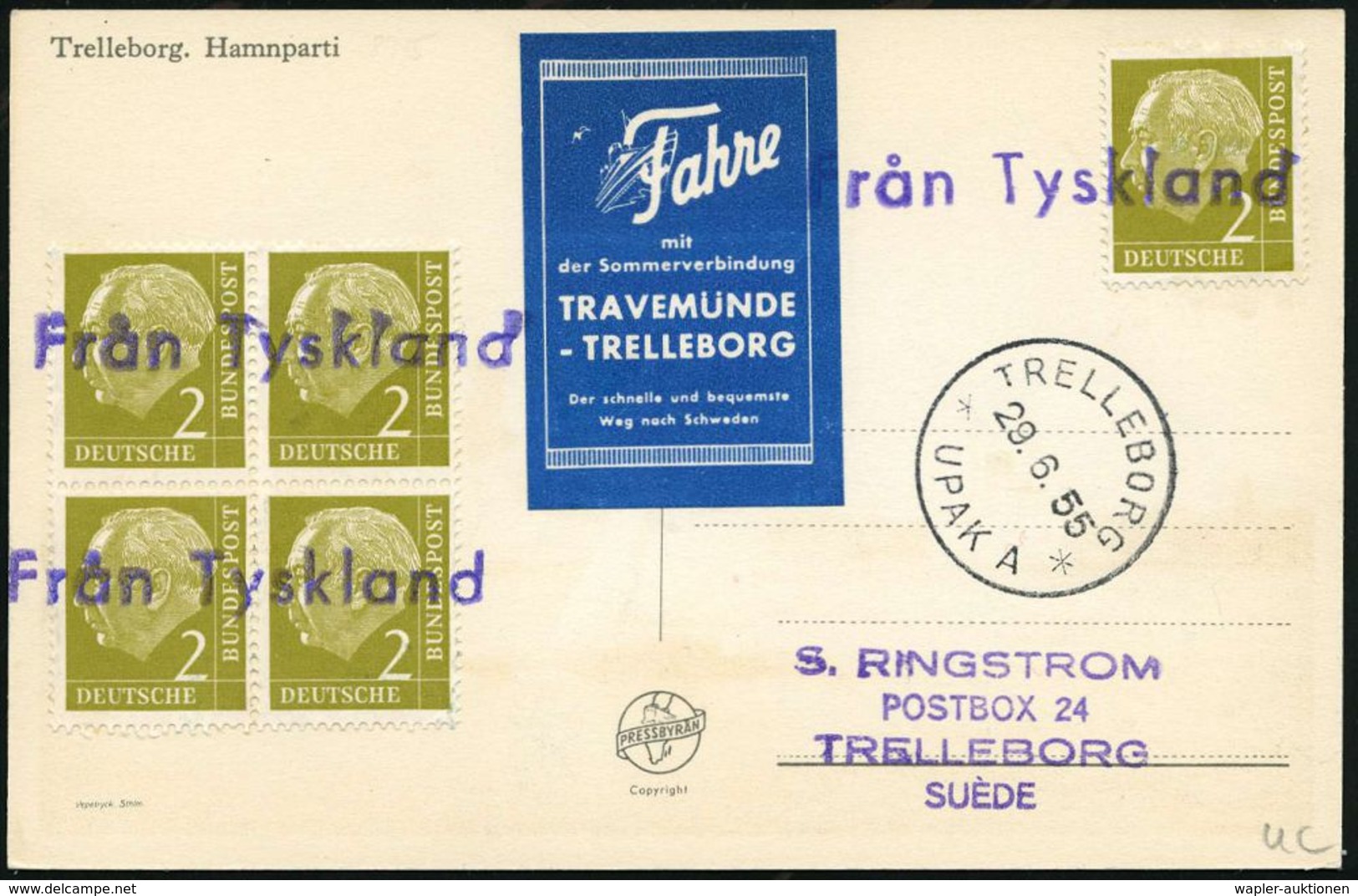 B.R.D. /  SCHWEDEN 1955 (29.6.) 2 Pf. Heuss, Reine MeF: 4er-Bl. + Einzelstück, 3x Viol. 1L: Fran Tyskland + 1K: TRELLEBO - Schiffahrt