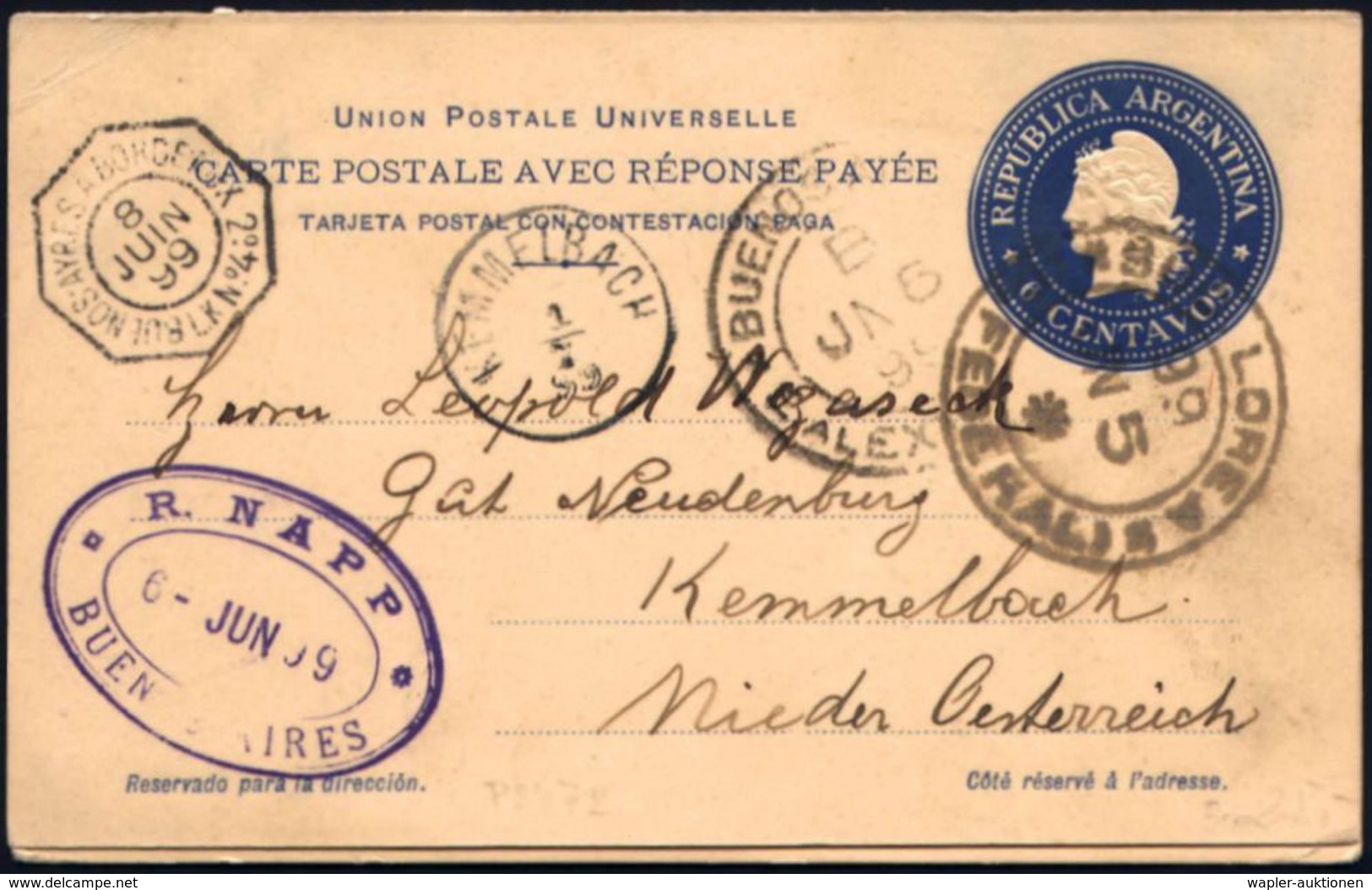 ARGENTINIEN /  FRANKREICH 1899 (Juni) Antwort-P. Liberty 6 C.+ 6 C. Blau (Antwort) Aus B.Aires,  Franz. Seepost-8eck.: B - Maritime