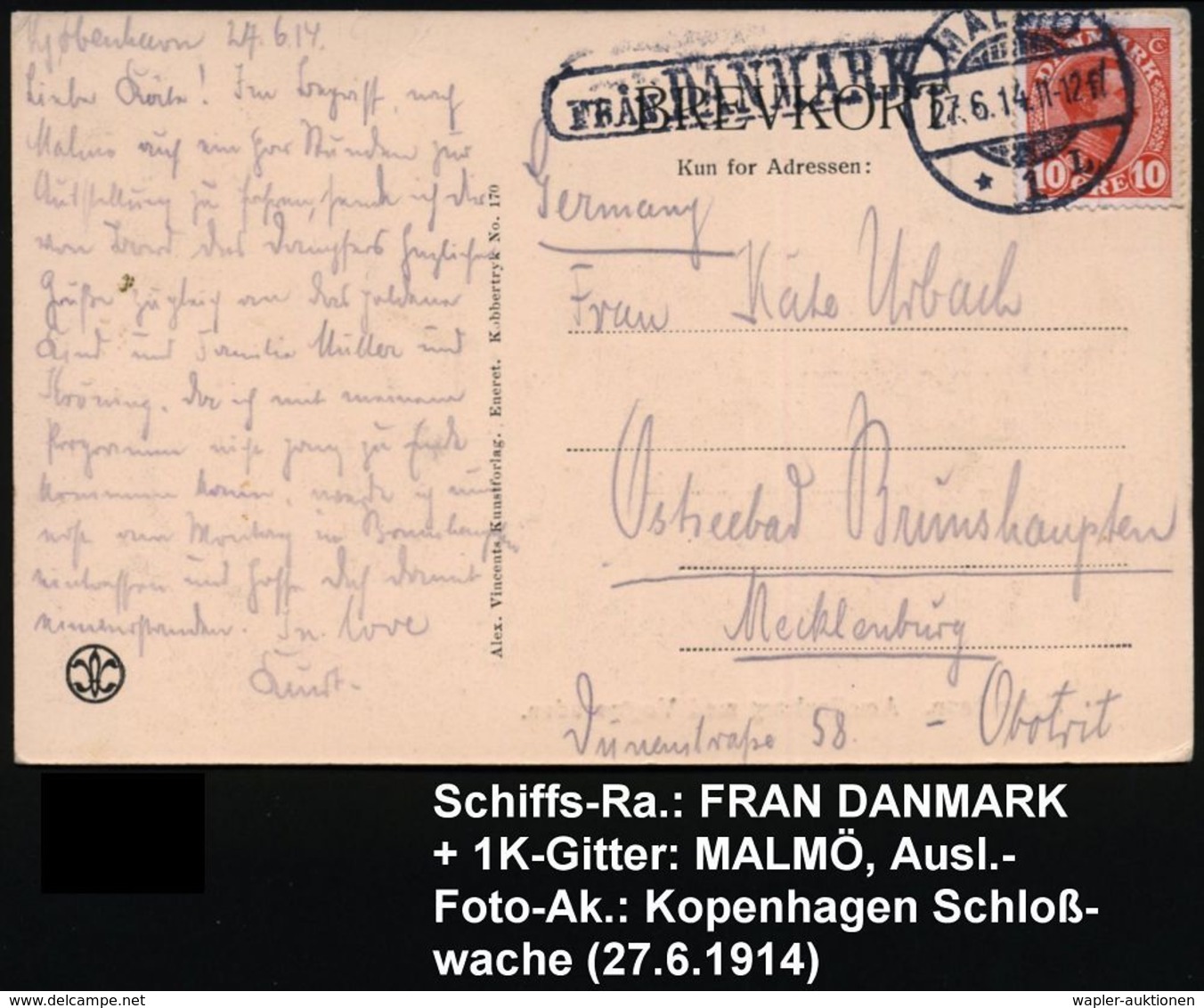 DÄNEMARK /  SCHWEDEN 1914 (27.6.) 1K-Gitter: MALMÖ/* 1 L Auf EF Dänemark 10 Ö. + Ra.: FRAN DANMARK Klar Aus Ausl.-Ak. (W - Maritime