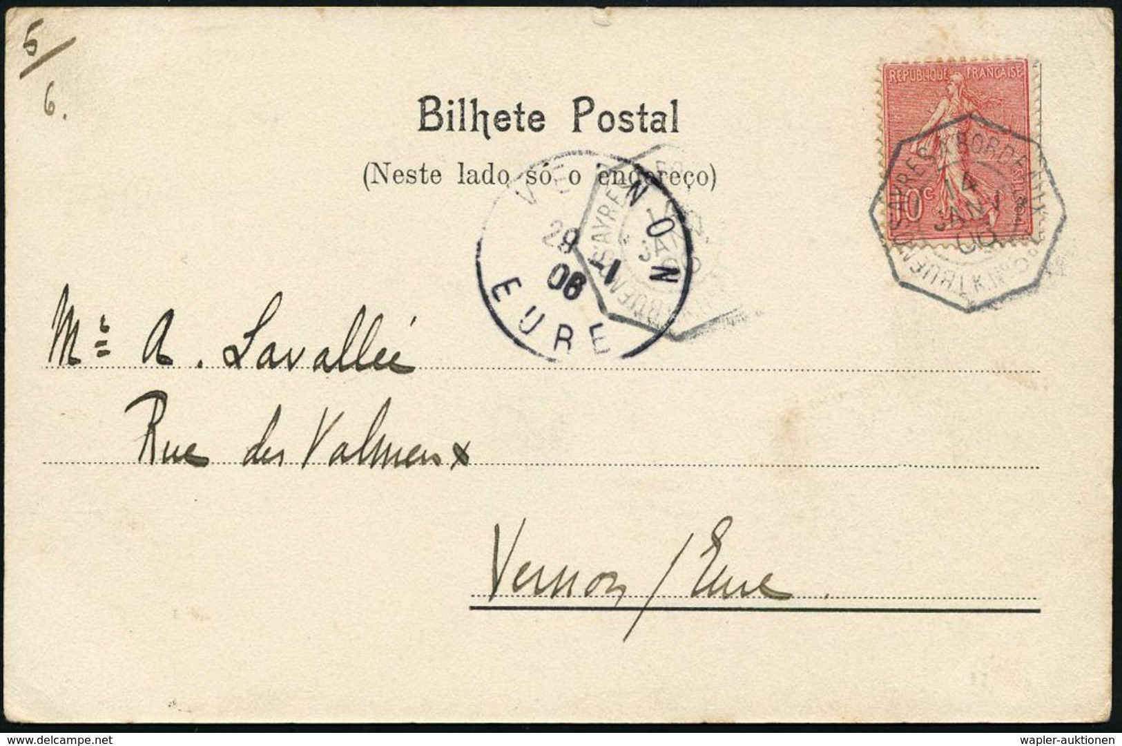 FRANKREICH 1906 (14.1.) 10 C. Säerin, EF + Seepost-8eck.: BUENOS AYRES A BORDEAUX 2°/L K No.5 Klar Auf S/w.-Foto-Ak. (Pl - Schiffahrt