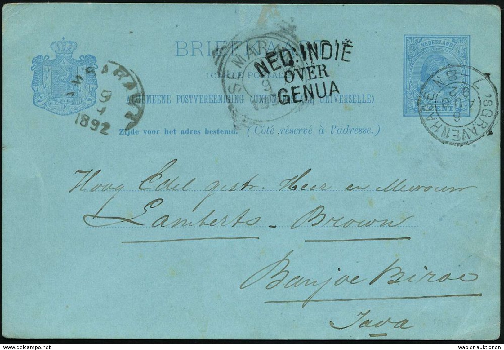 NIEDERLANDE 1892 (6.8.) 2K: 's GRAVENHAGE Auf Ausl.-P 5 C. Wilhelmine, Blau (Mi.P 19) + Schw. 3L: NED. INDIE/ OVER/ GENU - Maritime