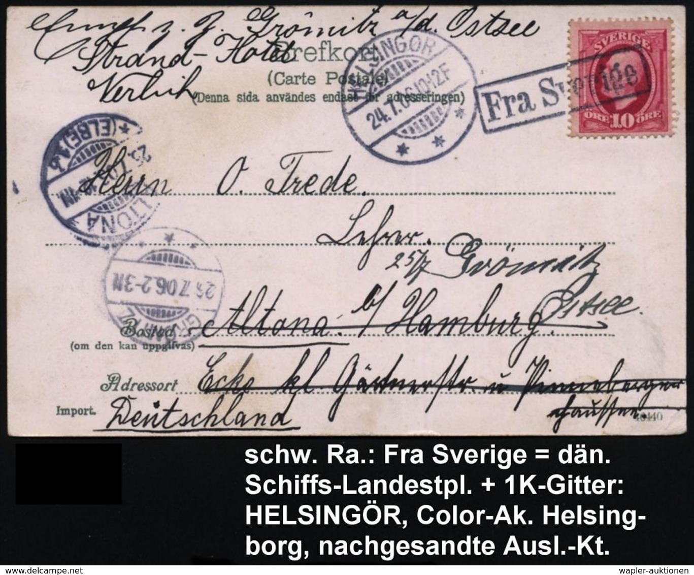 SCHWEDEN /  DÄNEMARK 1906 (24.7.) Schw. Ra.:  F R A   S V E R I G E Auf EF Schweden 10 Ö. + 1K-Gitter: HELSINGÖR/*** Dan - Marittimi