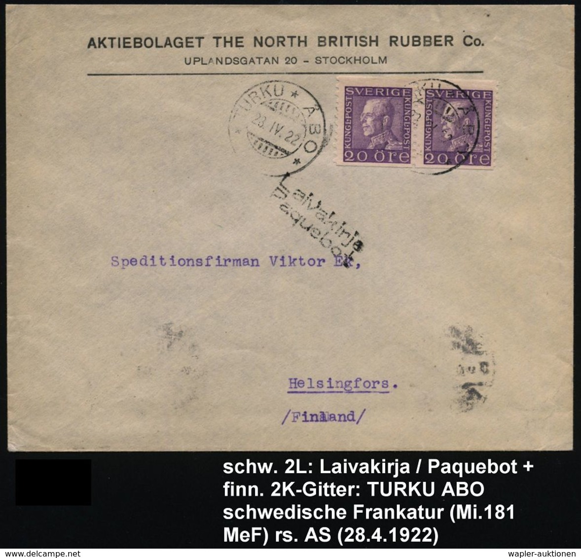 SCHWEDEN /  FINNLAND 1922 (28.4.) Schweden 2x 20 Ö. Freimarke, 2x Finnischer 2K-Gitter: * TURKU * ABO * + Seltener, Schw - Marittimi