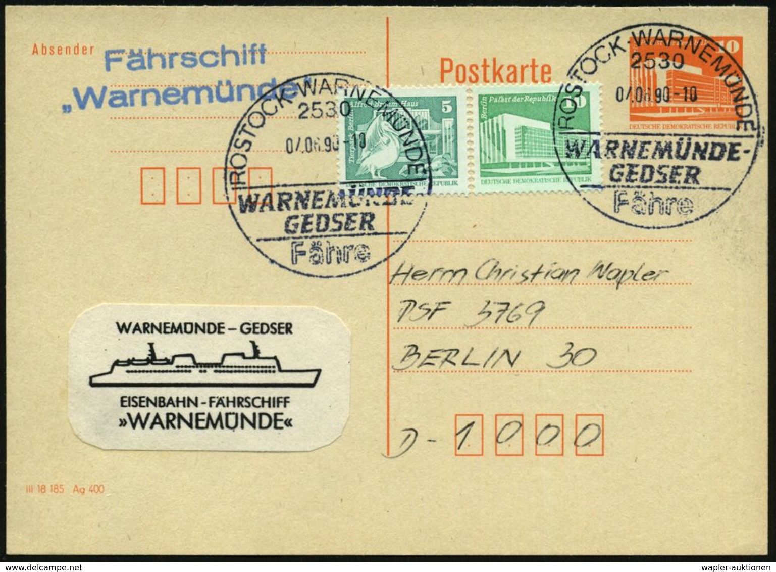 2530 ROSTOCK-WARNEMÜNDE/ WARNEMÜNDE-/ GEDSER/ Fähre 1990 (7.6.) 1K-HWSt + Bl. 2L: Fährschiff/"Warnemünde", Inl.-P 10 Pf. - Maritime