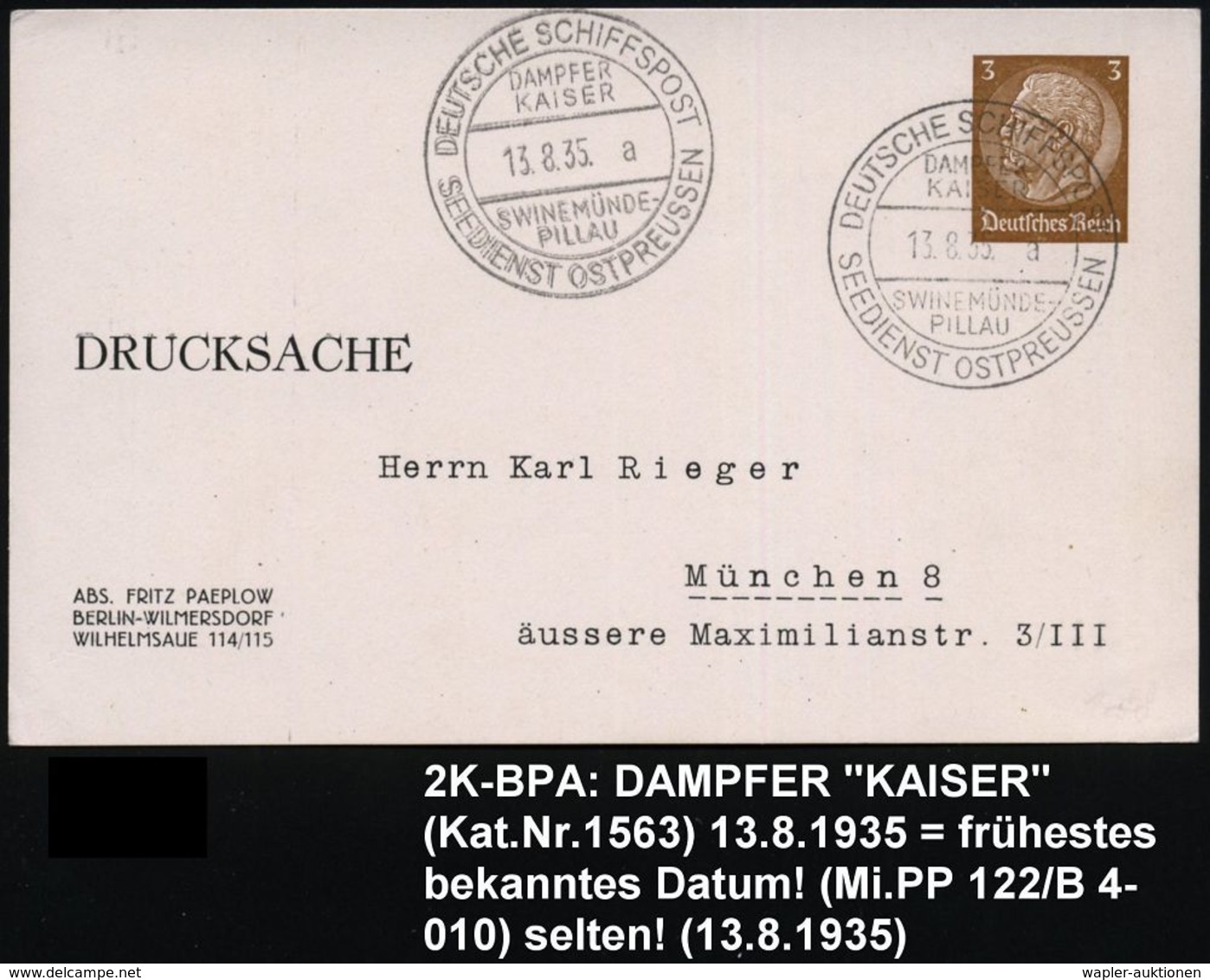 DEUTSCHES REICH 1935 (13.8.) 2K-BPA: DEUTSCHE SCHIFFSPOST/DAMPFER/ KAISER/SWINEMÜNDE-/PILLAU/SEEDIENST OSTPREUSSEN/a , 2 - Maritiem