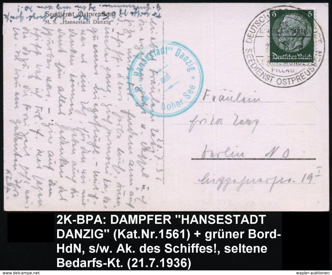 DEUTSCHES REICH 1936 (21.7.) 2K-BPA: DEUTSCHE SCHIFFSPOST/MS/HANSESTADT DANZIG/SWINEMÜNDE-/PILLAU/SEEDIENST OSTPREUSSEN  - Marítimo