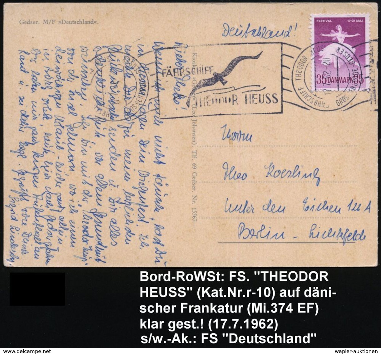 DÄNEMARK /  B.R.D. 1962 (17.7.) RollWSt.: FÄHRSCHIFF THEODOR HEUSS/ GROSSENBRODE - GEDSER.. = Möwe (Kat.Nr. R-10) Auf Dä - Marítimo