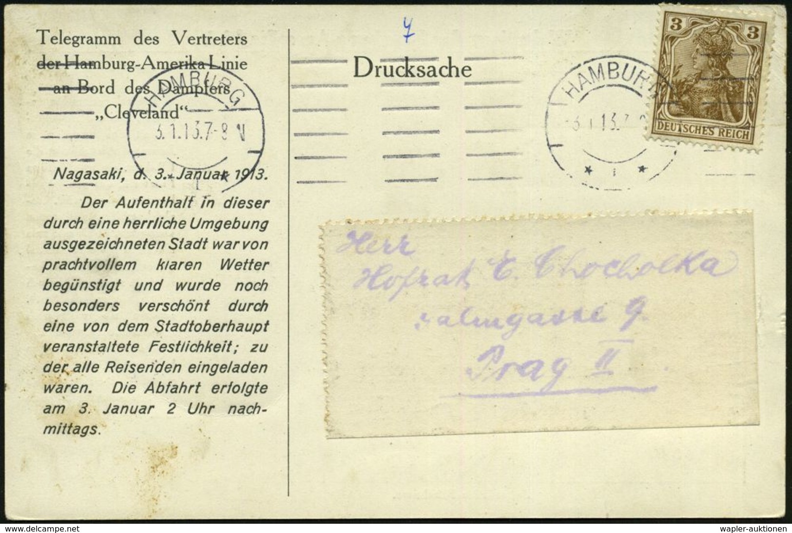 HAMBURG/ *1* 1913 (3.1.) MaSt. Auf S/w.-HAPAG-"Telegramm"-Ak.: Weltreise Dampfer "Cleveland", Etappe Japan, Nagasaki 3.  - Maritiem