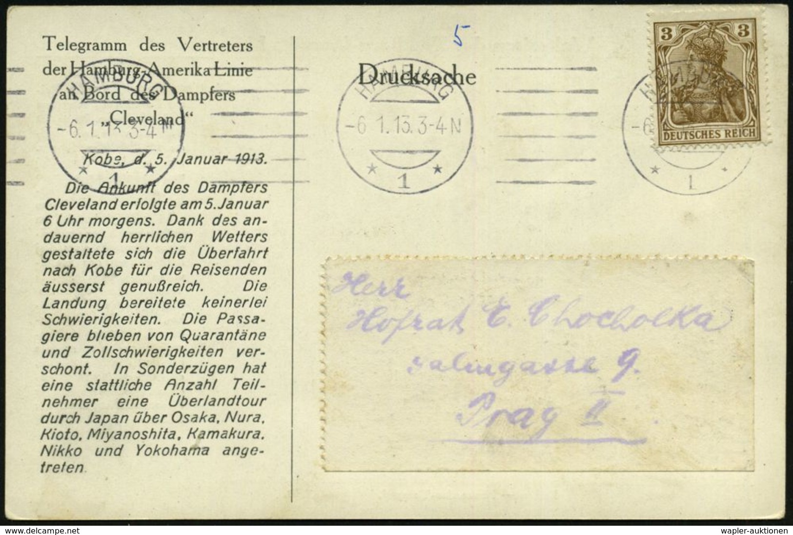 HAMBURG/ *1* 1913 (6.1.) MaSt Auf S/w. HAPAG-"Telegramm"-Ak.: Welteise Dampfer "Cleveland", Etappe Japan, Kobe 5. Januar - Marittimi