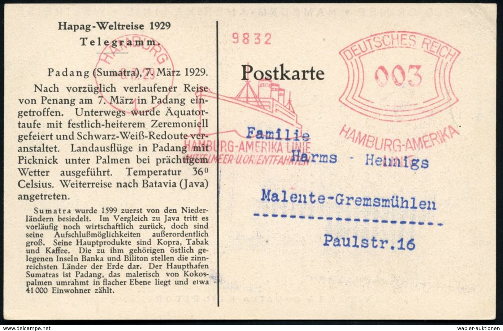 HAMBURG/ 1/ HAMBURG-AMERIKA-LINIE/ MITTELMEER-U.ORIENTFAHRTEN 1929 (8.3.) AFS Auf Telegramm-Ak: Hapag-Weltreise 1929, Et - Schiffahrt