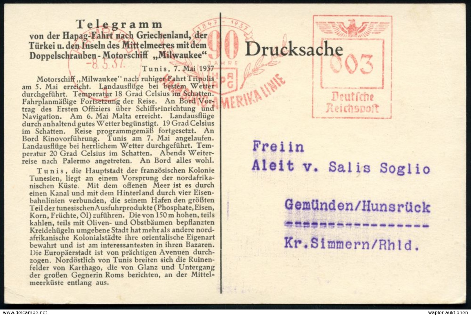 HAMBURG/ 1/ 1847-1937/ 90 JAHRE/ HAPAG/ HAMBURG-AMERIKA LINIE 1937 (8.5.) Jubil.-AFS Auf Telegramm-Ak.: Mittelmeerfahrt  - Maritime