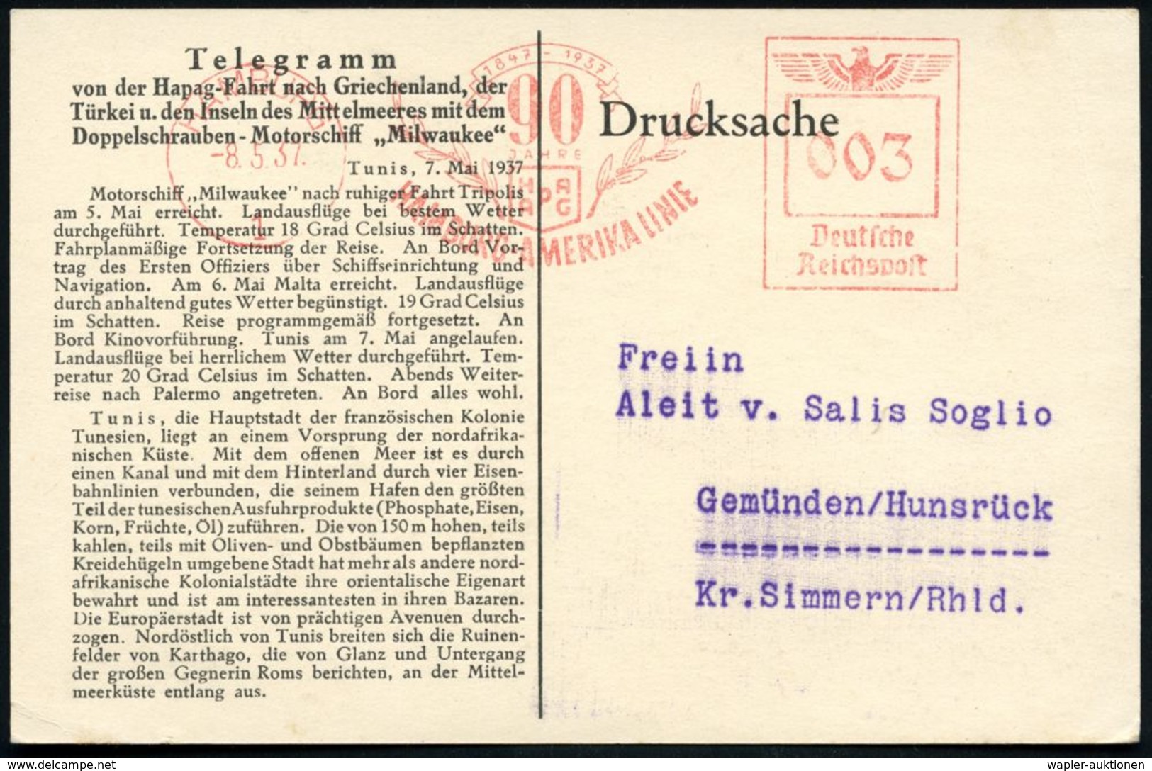 HAMBURG/ 1/ 1847-1937/ 90 JAHRE/ HAPAG/ HAMBURG-AMERIKA LINIE 1937 (8.5.) Jubil.-AFS Auf Telegramm-Ak.: Mittelmeerfahrt  - Maritiem