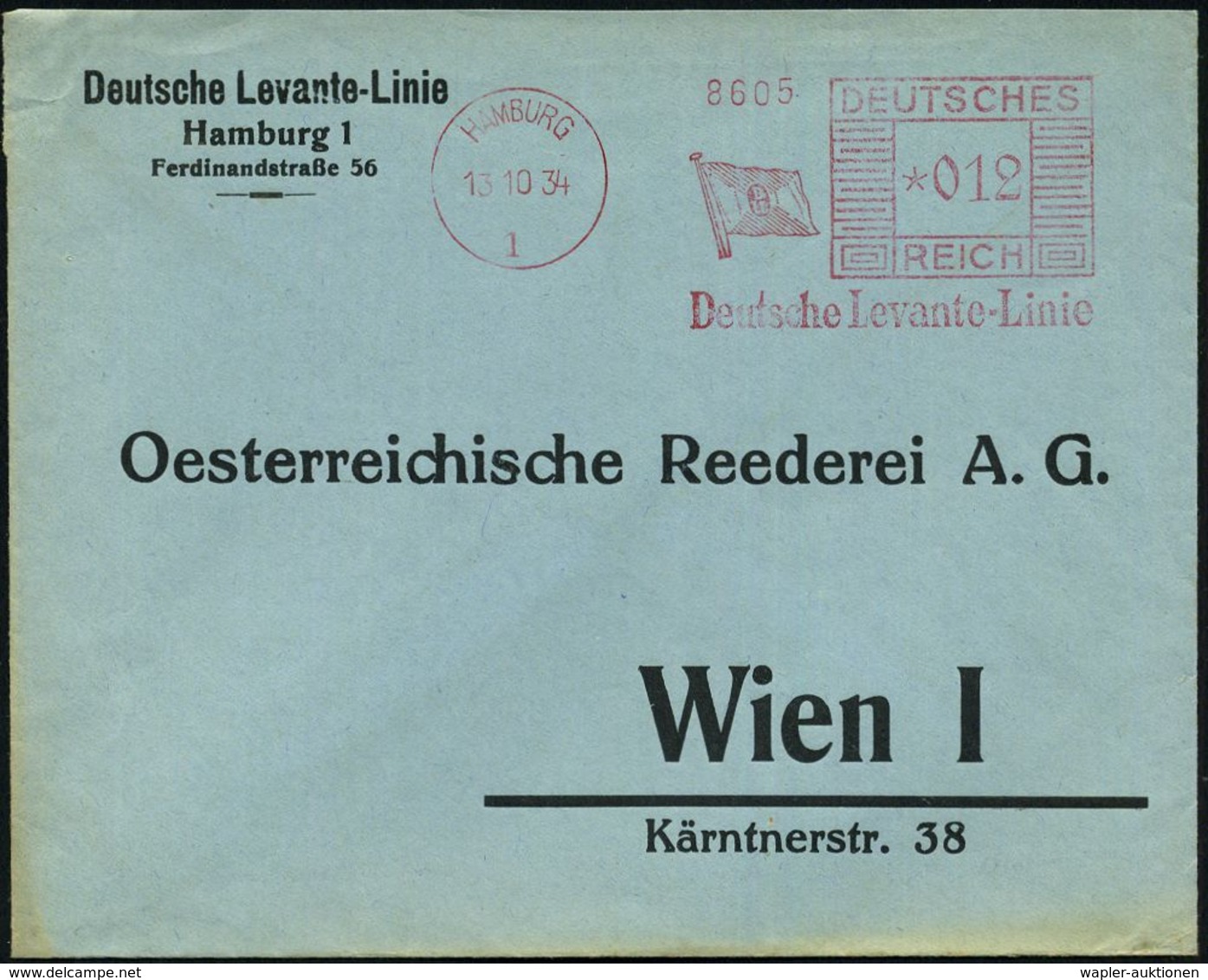 HAMBURG/ 1/ Deutsche Levante-Linie 1934 (13.10.) AFS 012 Pf. = Reederei-Flagge Klar Auf Ausl.-Vordr-Bf. N. Wien = Inl.-T - Maritime