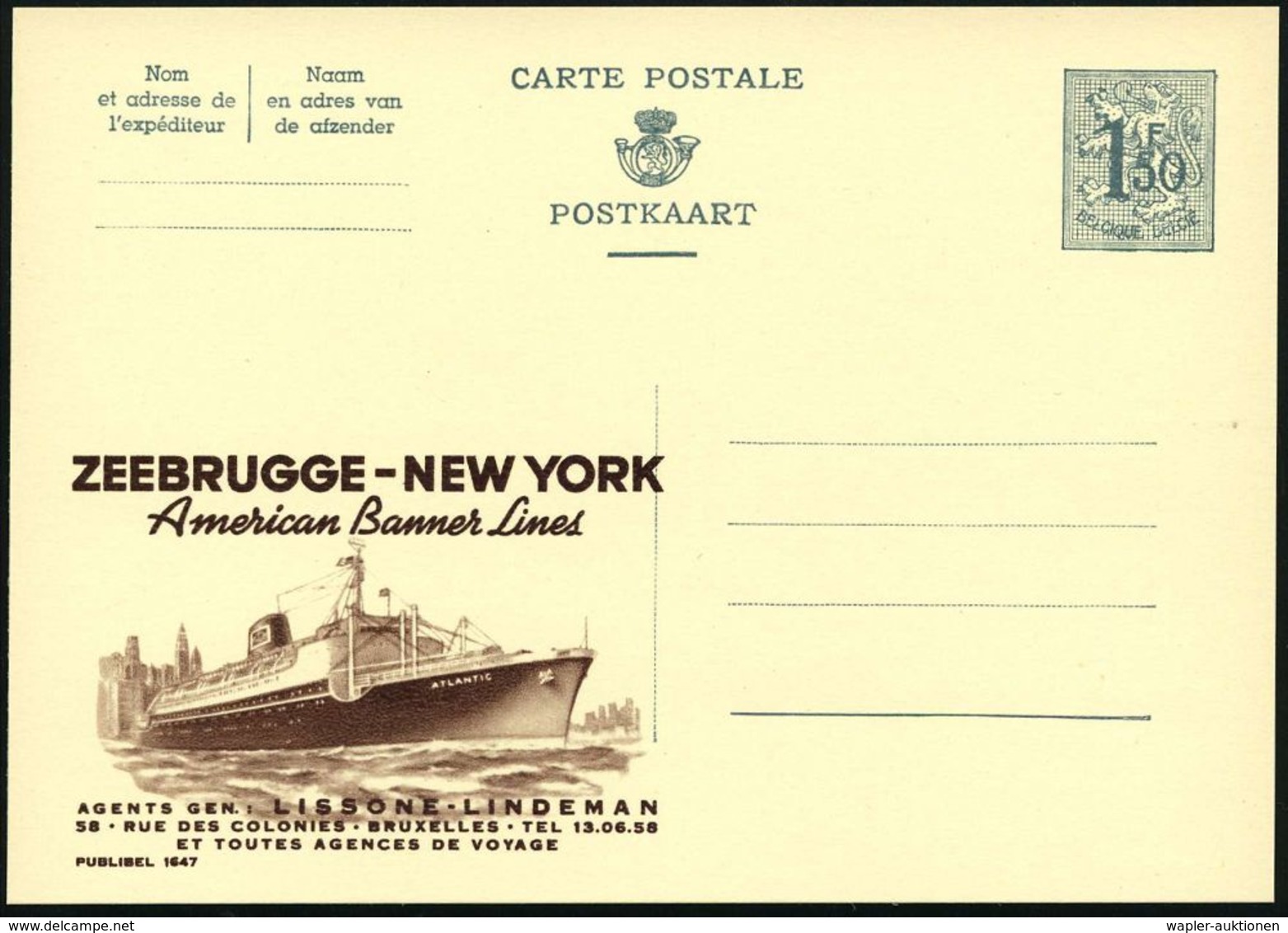 BELGIEN 1959 1,50 F. Reklame-P., Grau: ZEEBRUGGE - NEW YORK, American Banner Lines.. = Fahrgastschiff "ATLANTIC" (vor Ne - Maritiem