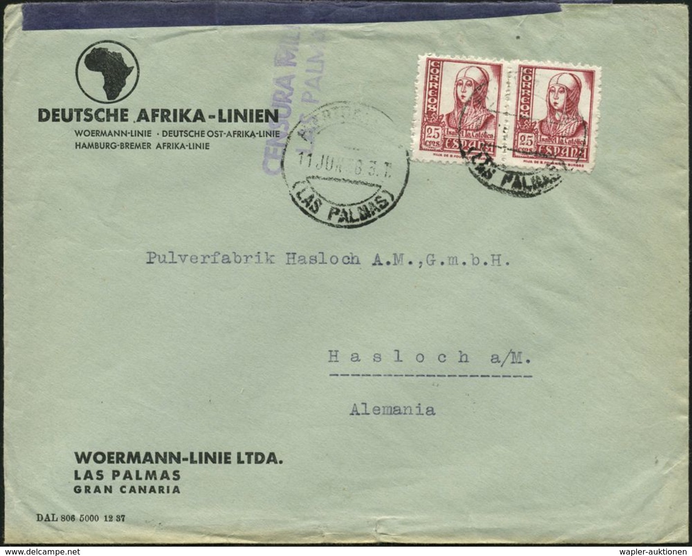 SPANIEN 1938 (11.6.) 25 C. Isabella Die Katholische, Paar A. Vordr.-Bf.: DEUTSCHE AFRIKA-LINIEN..LAS PALMAS ,1K: LAS PAL - Schiffahrt