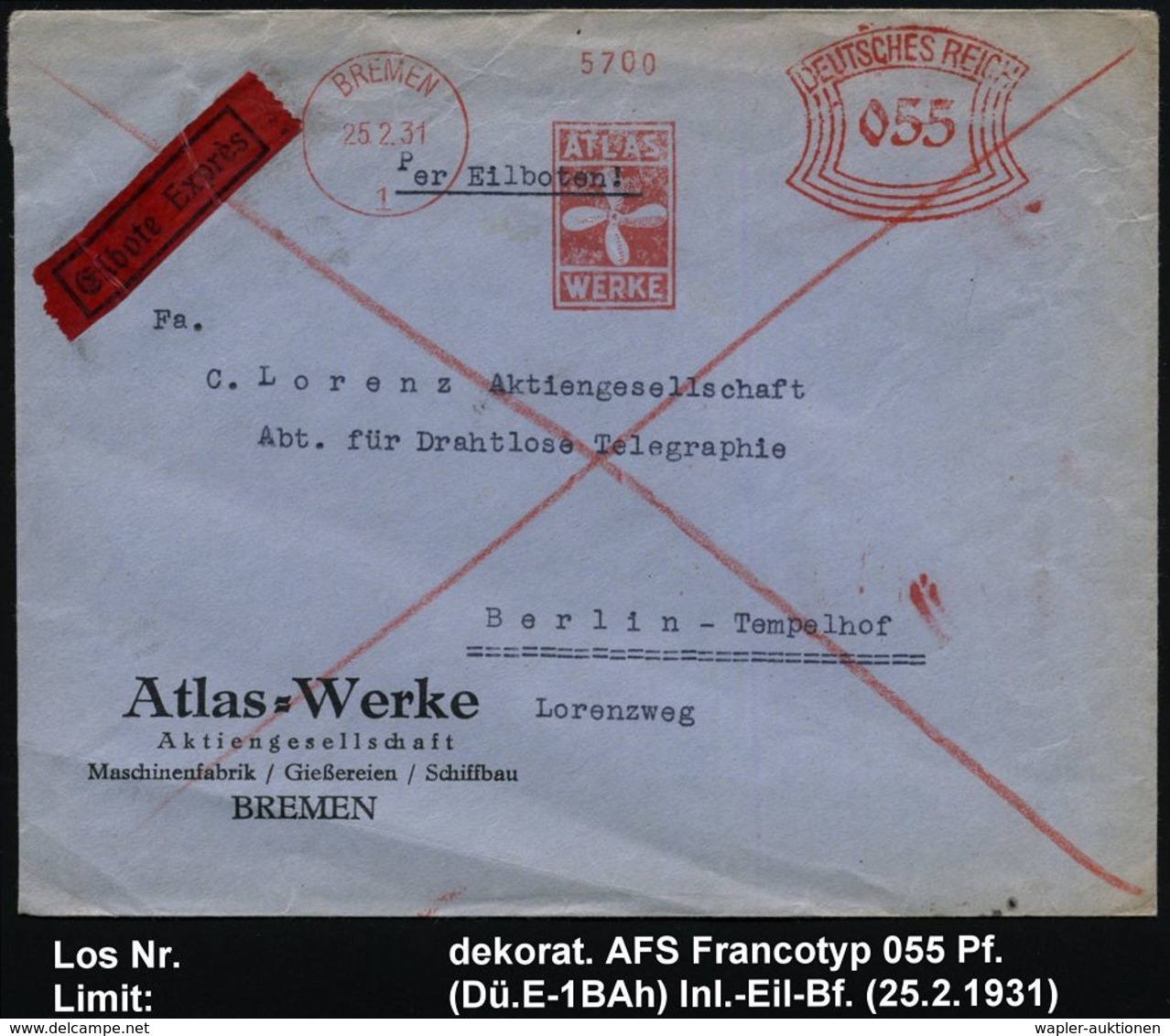 BREMEN/ 1/ ATLAS/ WERKE 1931 (25.2.) AFS 055 Pf. = Schiffsschraube , Firmen-Bf.:  Atlas-Werke AG, Maschinenfabrik, Gieße - Maritime