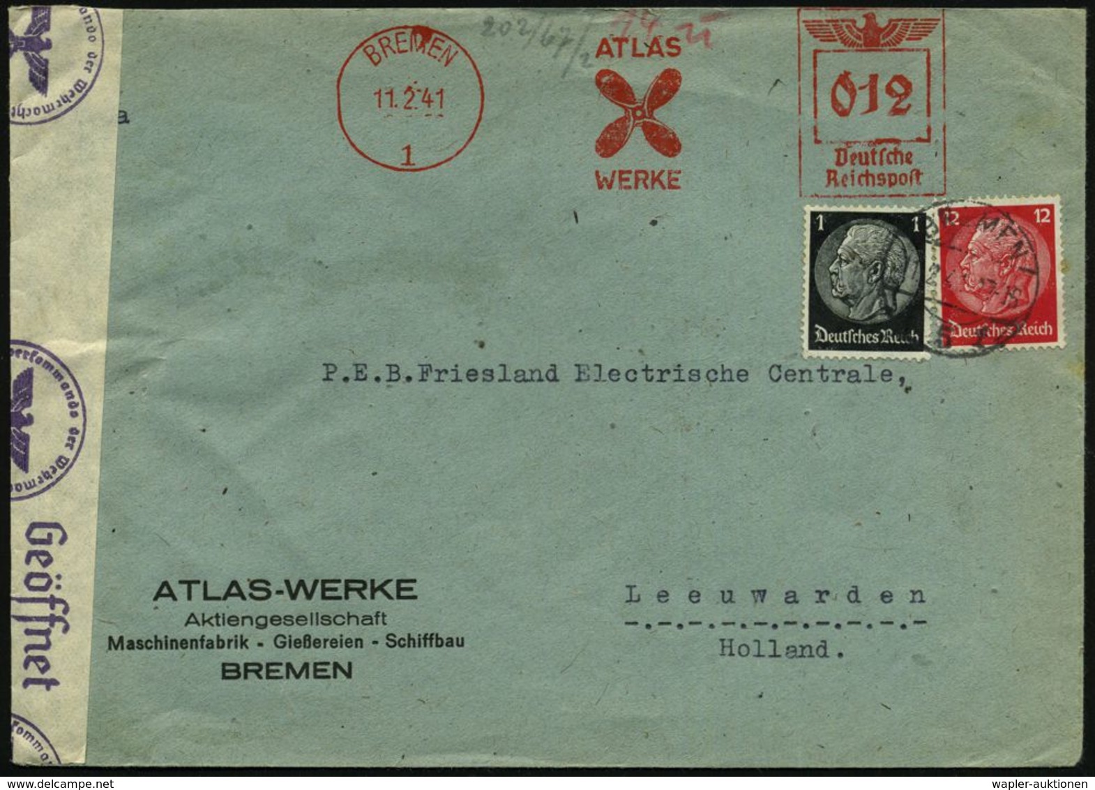 BREMEN/ 1/ ATLAS/ WERKE 1941 (11.2.) AFS 12 Pf. = Schifssschraube + Zusatzfrankatur 1 Pf. U. 12 Pf. Hindenbg. (Mi.512, 5 - Schiffahrt