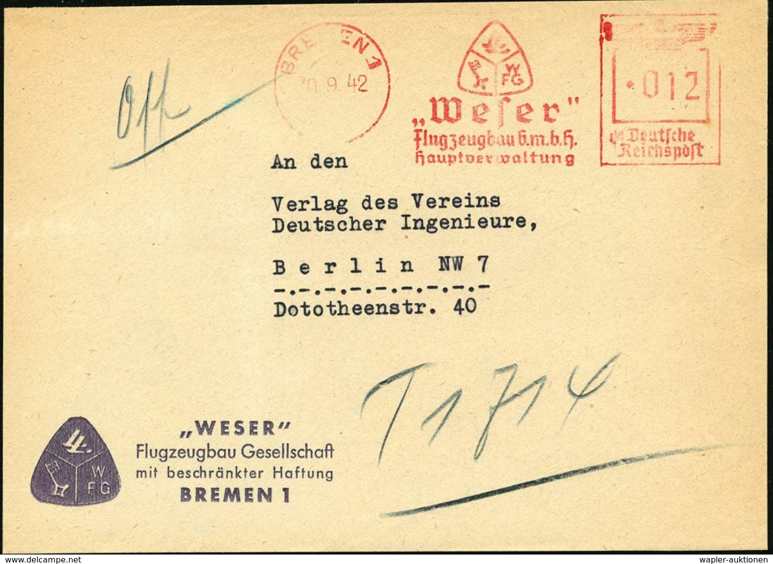 BREMEN/ 1/ "Weser"/ Flugzeugbau GmbH/ Hauptverwaltung 1942 (30.9.) AFS (Firmen-Logo) 1872 Gegr., Im I. Weltkrieg Vorrang - Maritime