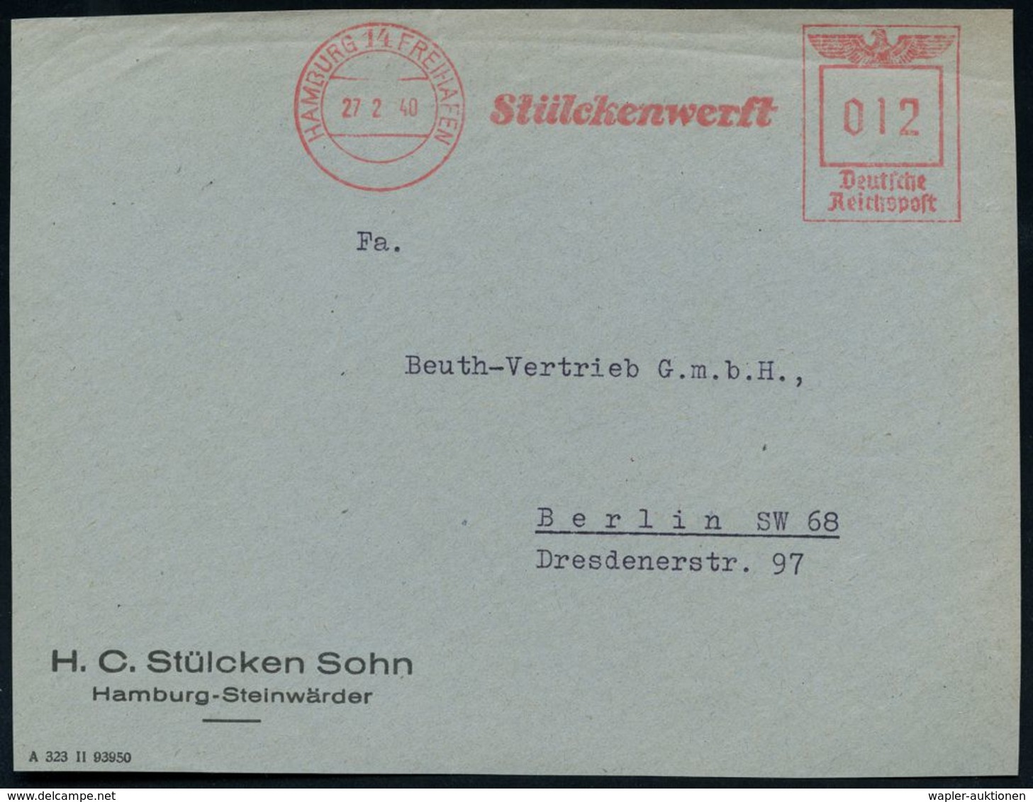 HAMBURG 14 FREIHAFEN/ Stülckenwerft 1940 (27.2.) AFS Klar Auf Firmen-Vorderseite: H. C. Stülcken Sohn.. (Dü.E-5CGo) - WE - Schiffahrt