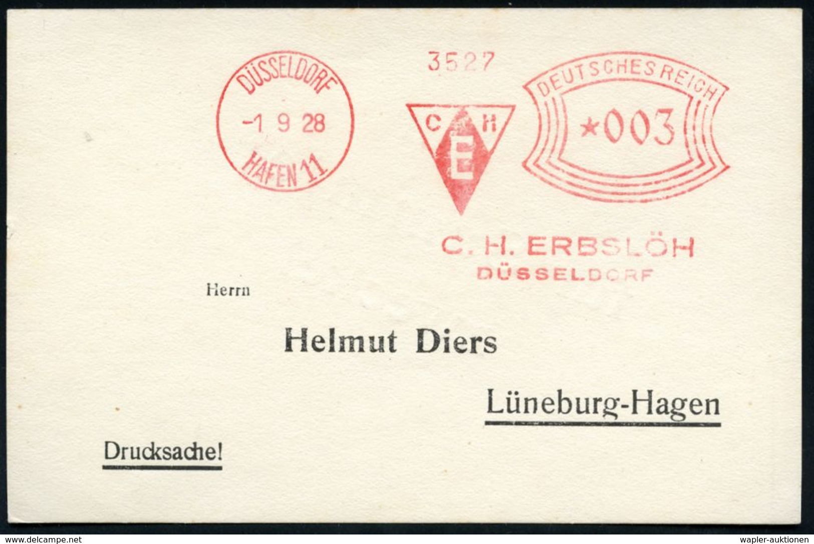 DÜSSELDORF/  H A F E N 11/ CHE/ C.H.ERBSLÖH.. 1929 (1.9.) AFS = Hauspostamt Binnenhafen (Firmen-Logo) Inl.-Drs.-Karte (D - Marittimi