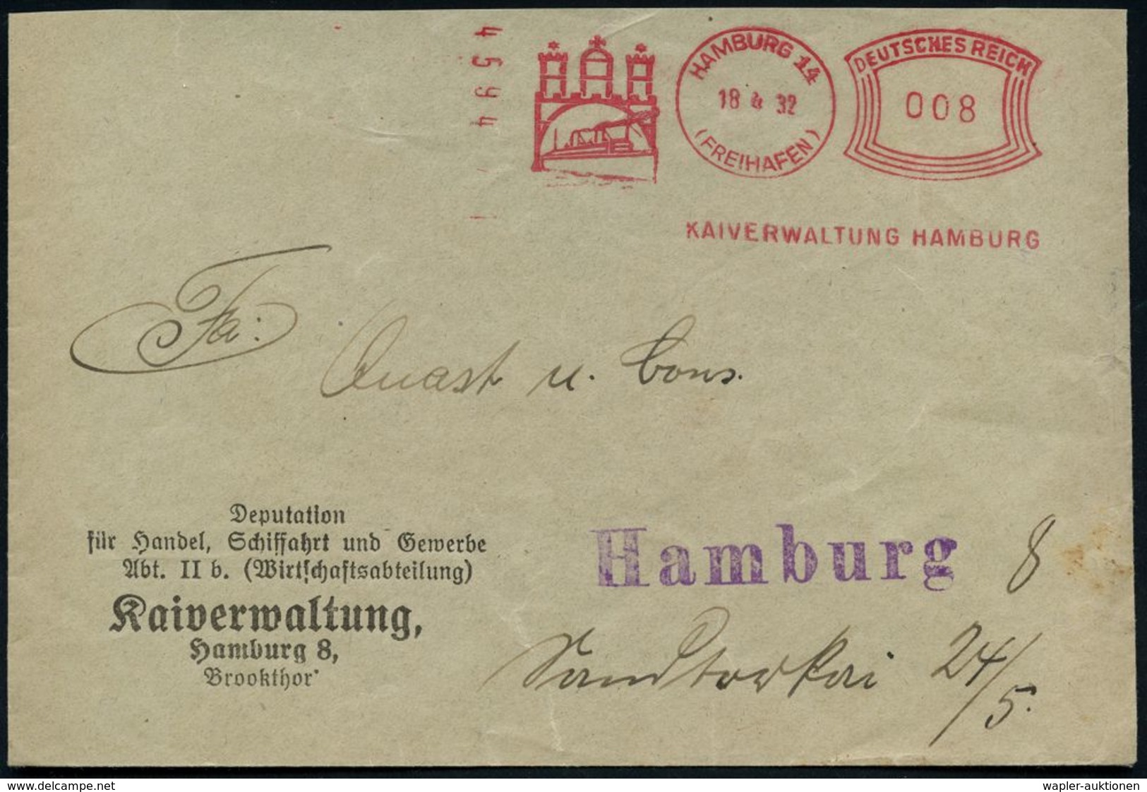 HAMBURG 14/ ( F R E I H A F E N)/ Hamburger/ Freihafen-/ Lagerhaus-/ Gesellschaft.. 1932 (18.4.) Seltener AFS Typ "Komus - Marittimi