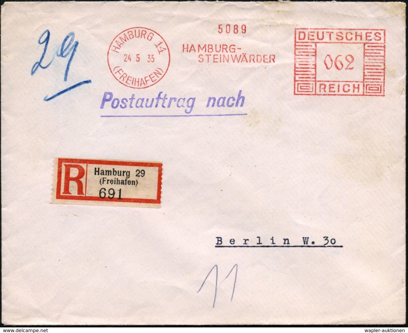 HAMBURG 14/ (FREIHAFEN)/ HAMBURG-/ STEINWÄRDER 1935 (24.5.) AFS 062 Pf. + RZ: Hamburg 29 / (F R E I H A F E N ) = Hauspo - Maritiem