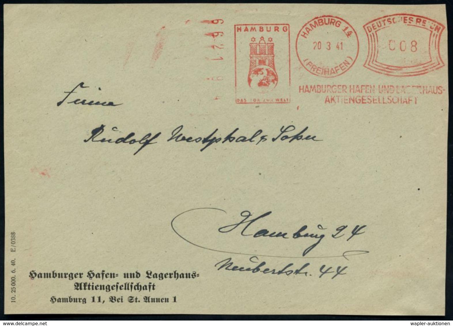 HAMBURG 14/ (FREIHAFEN)/ HAMBURG/ DAS TOR DER WELT/ HAMBURGER HAFEN-U. LAGERHAUS/ AG 1941 (20.3.) Sehr Später, Seltener  - Maritiem