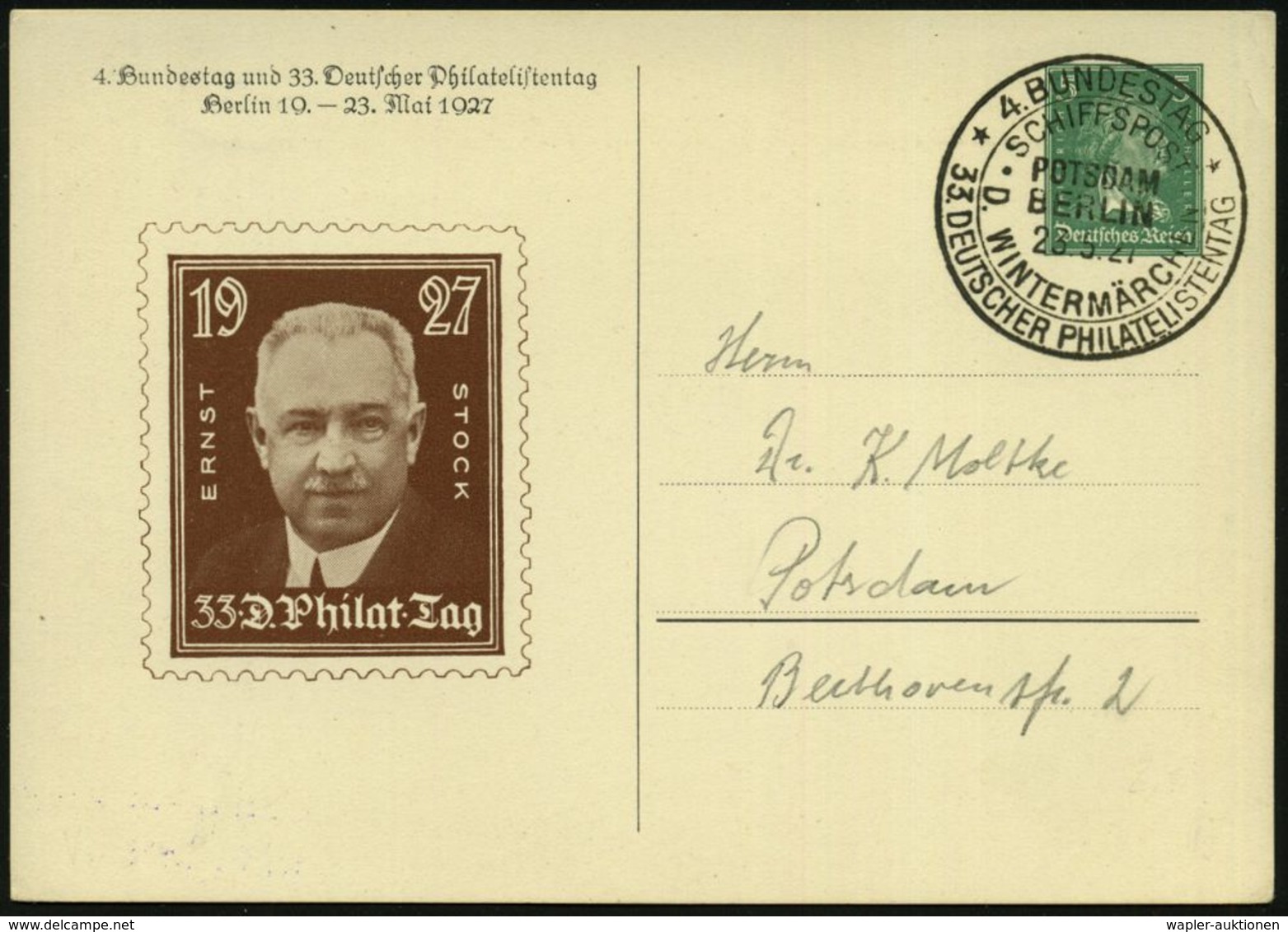 POTSDAM/ BERLIN/ SCHIFFSPOST/ D. WINTERMÄRCHEN/ 4.BUNDESTAG/ 33.DEUTSCHER PHILATELISTENTAG 1927 (23.5.) Seltener SSt = B - Maritime